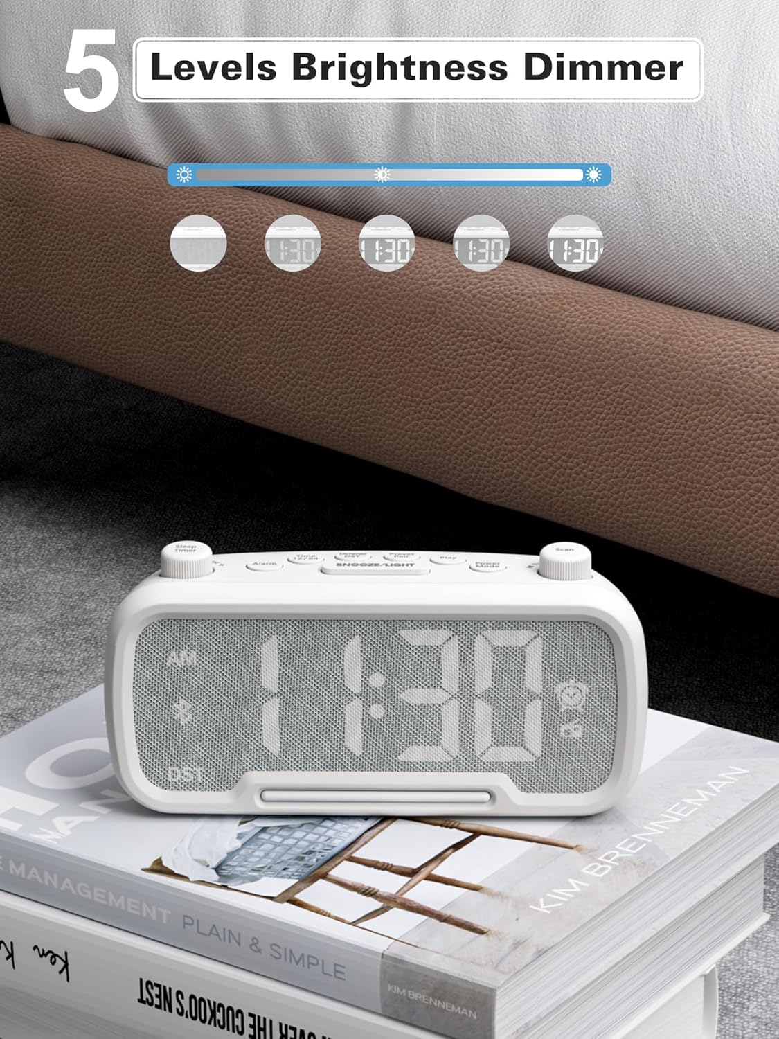 Five Mesqool CR1025 Clock Radios demonstrating the 5 levels of display brightness, from dimmest to brightest.