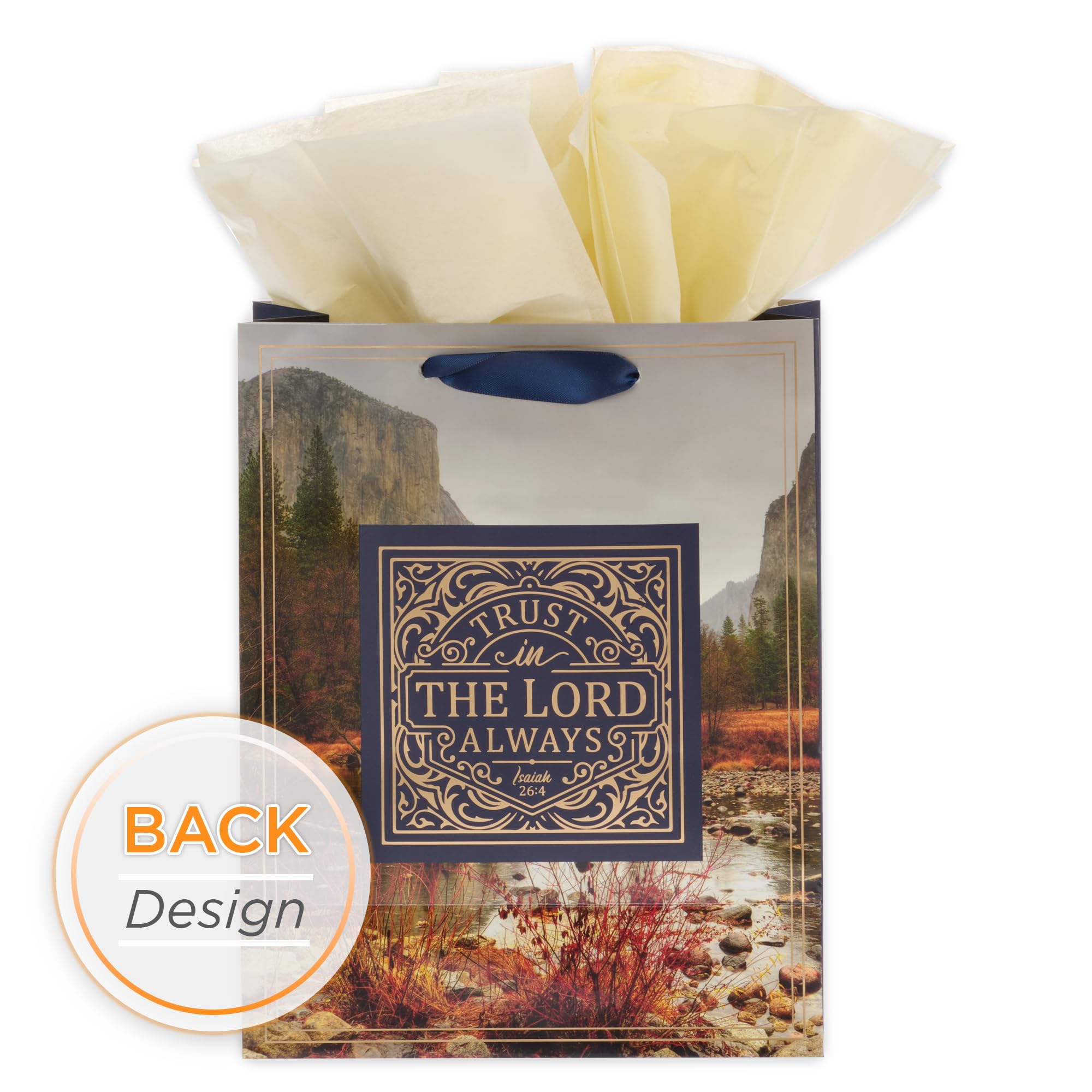 Christian Art Gifts Gift Bag/Tissue Paper Set Trust In The Lord Always Isaiah 26:4 Bible Verse, Blue/Gold, Medium