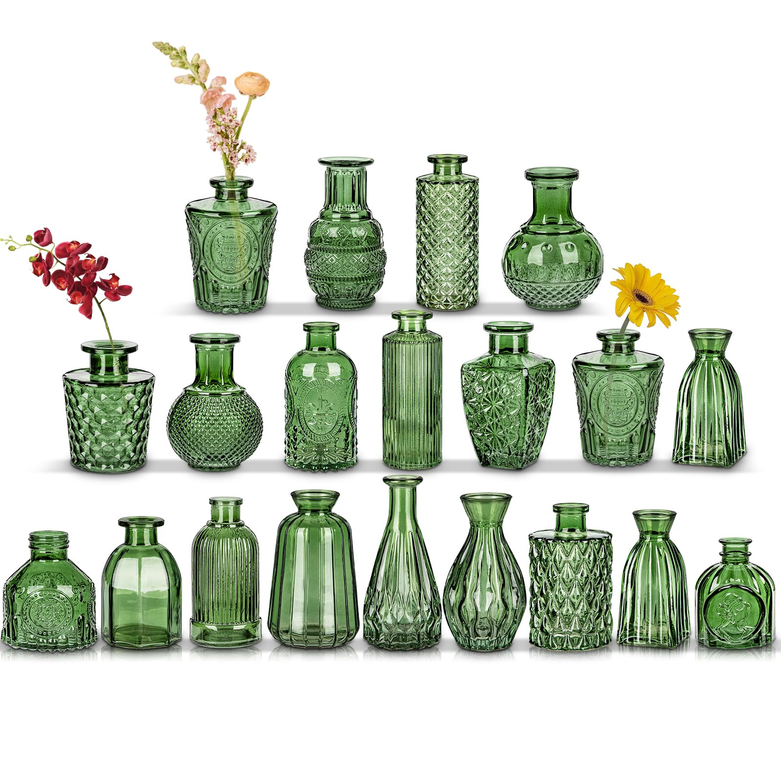 Oairse Glass Bud Vases Set of 20 Green Glass Vase for Flowers Mini Vintage Bottle Vase for Floral Arrangements Decorative Small Vases in Bulk for Wedding Centerpieces Table Decoration Home