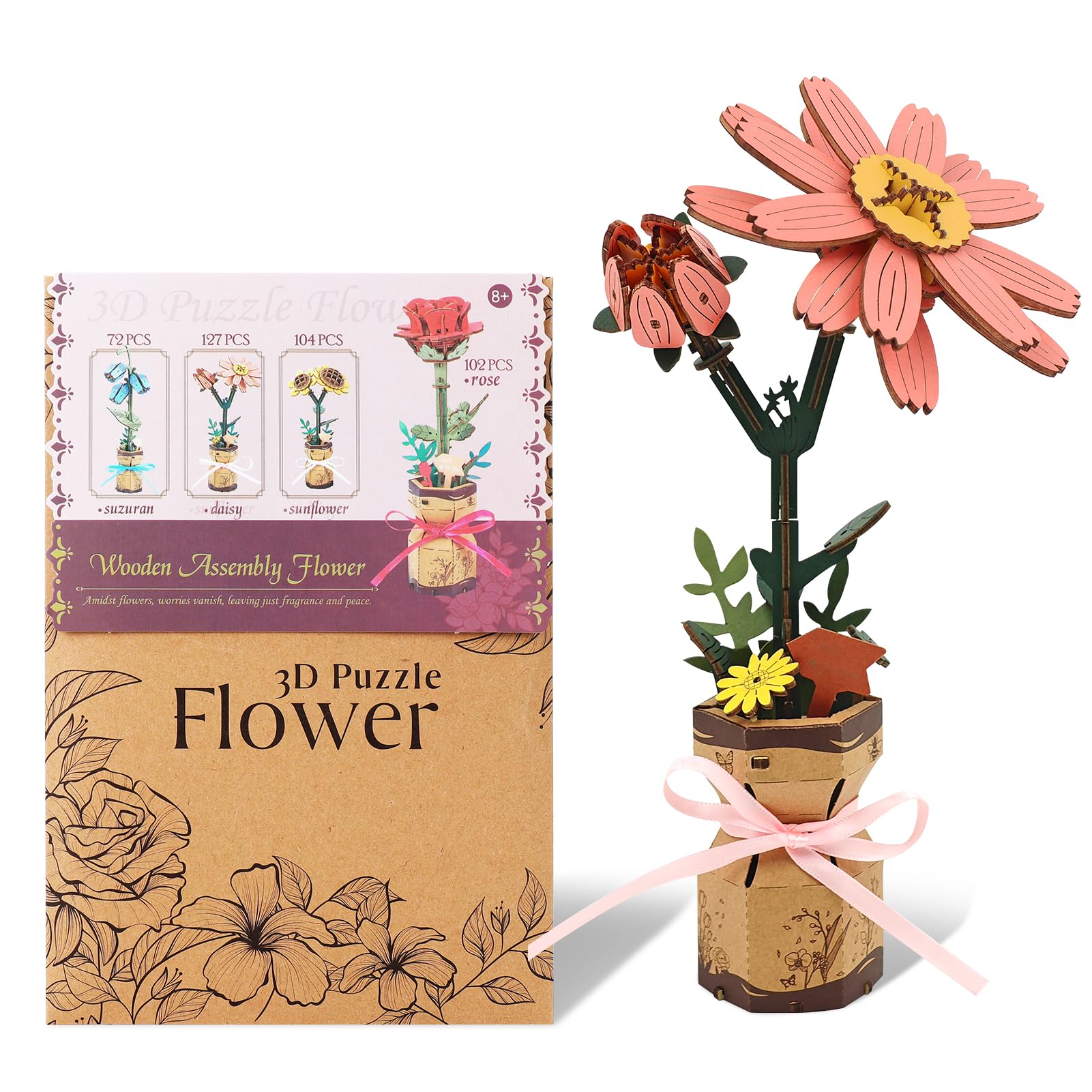 BUSOHA 3D Wooden Flower Puzzle for Adults - Daisy DIY Craft Kit | Realistic Wooden Flower Bouquet Building Set, 3D Puzzle,Creative Home Decor,Unique Gift for Women, Mom, Girlfriend