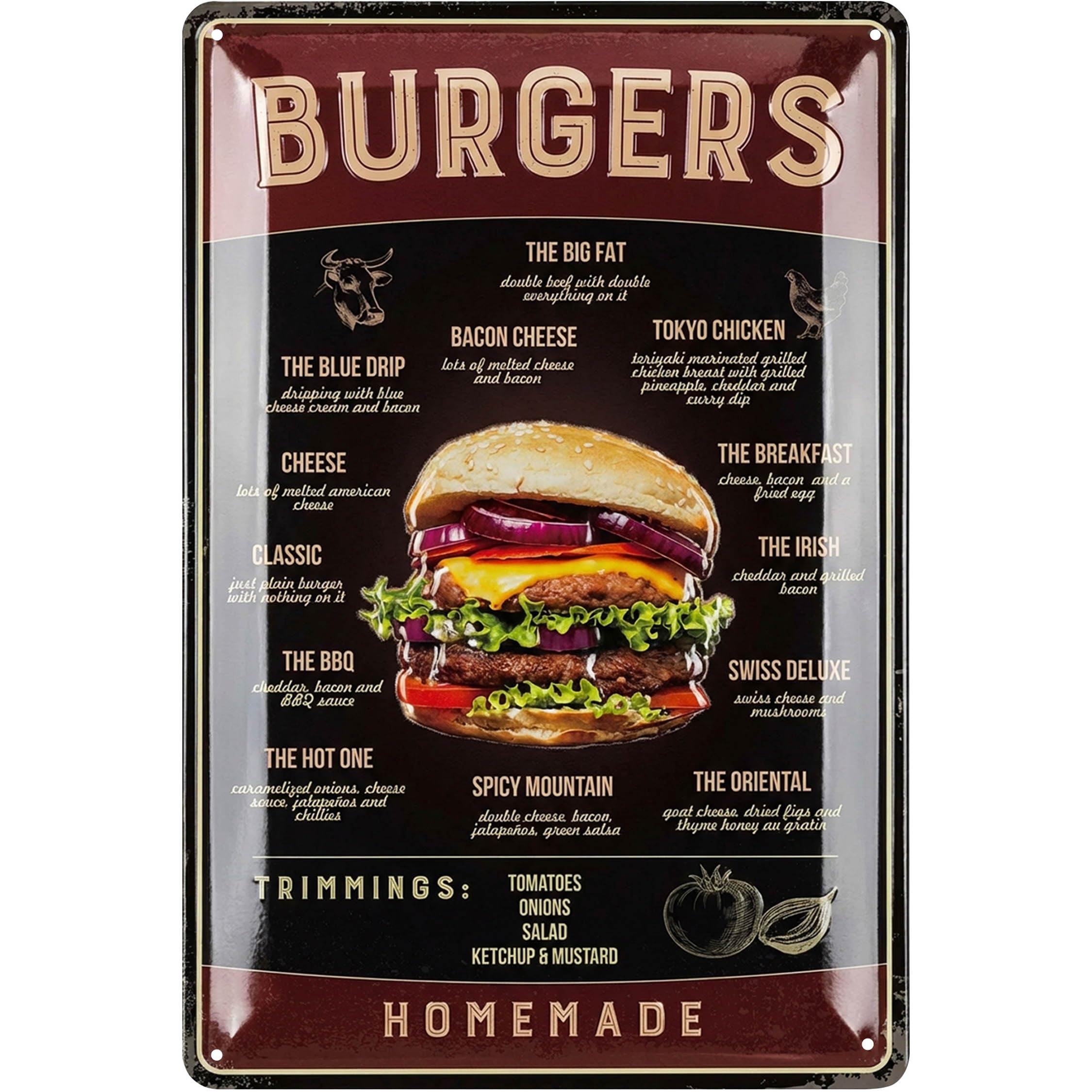Vintage Tin Sign BURGER, Retro Diner Decor, Restaurant Decor, Vintage BBQ Signs, Retro BBQ & Diner Wall Art, Burger Signs For Business, 50s Kitchen Decor, 12x8"
