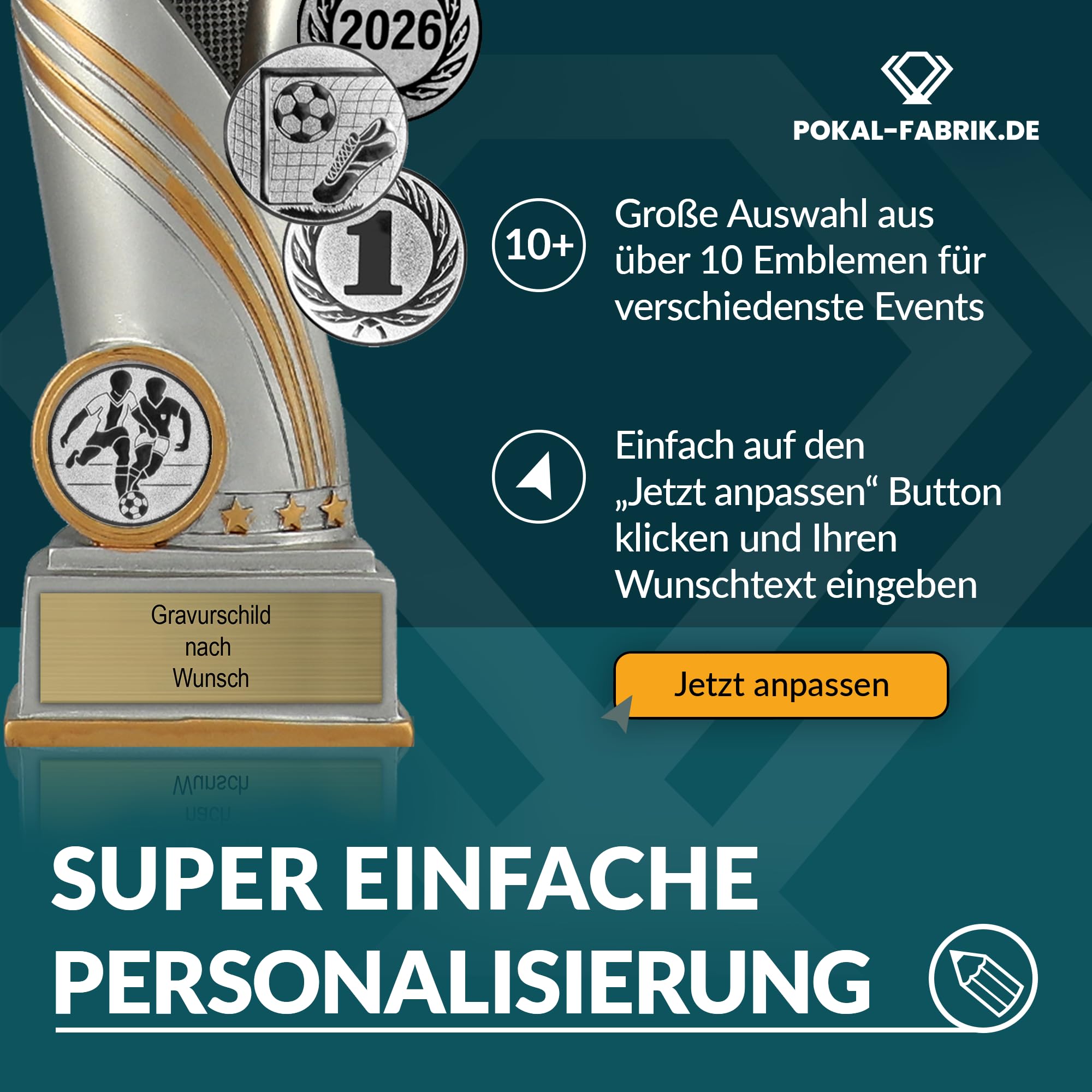 Pokal-Fabrik - Fussball Pokal mit Gravur Wunschtext & Sportemblem - Einzeln / 3er Set - Gold/Silber Resin Trophäe – personalisierte Auszeichnung für Fußball WM, Sport Events & Wanderpokal
