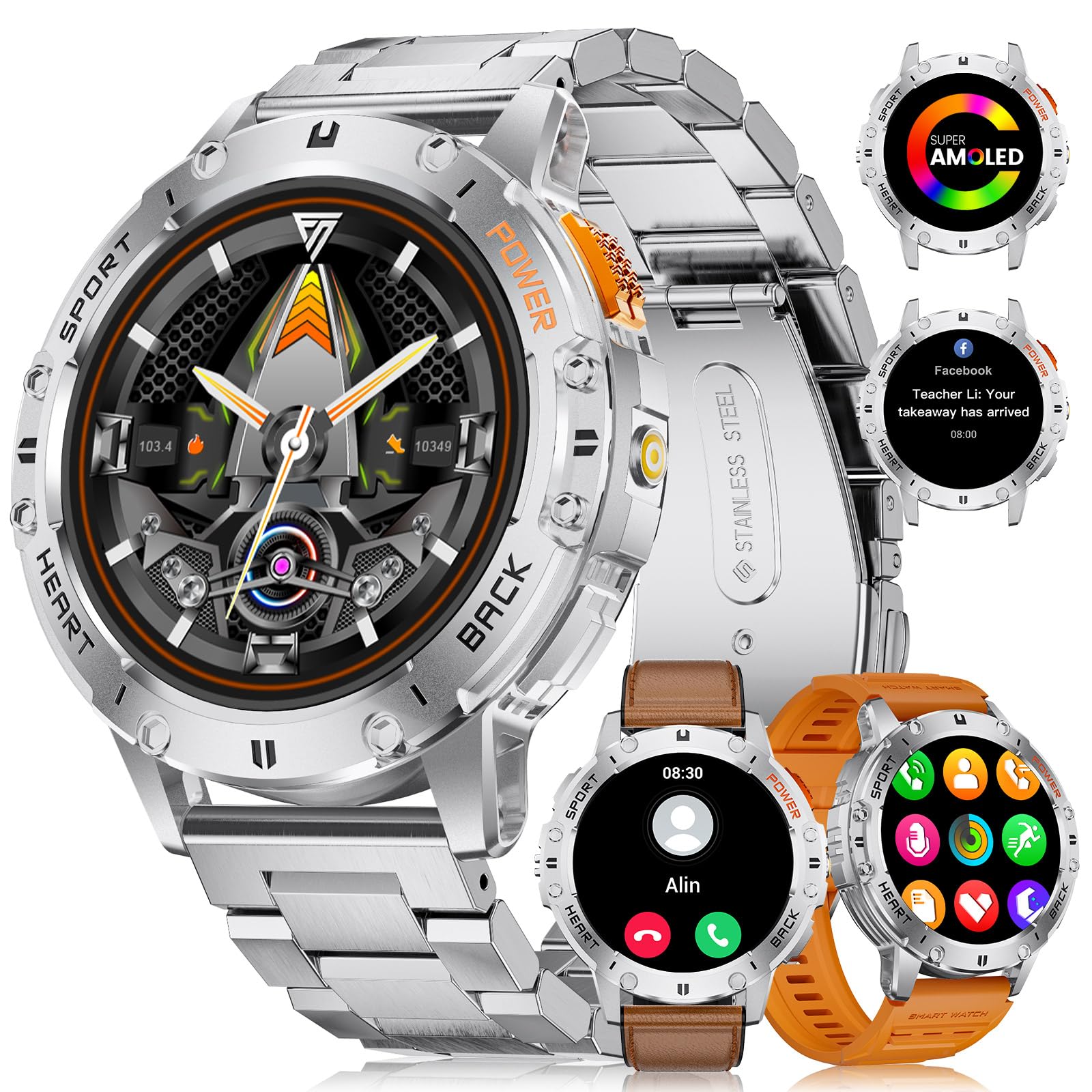 FOXBOX Smart Watch for Men with 3 Straps, 1.43" AMOLED Smartwatch 530mAh 5ATM Waterproof 100+ Sport Modes Fitness Watch Step Calorie SpO2 Heart Rate Sleep Blood Pressure Monitor for iOS Android