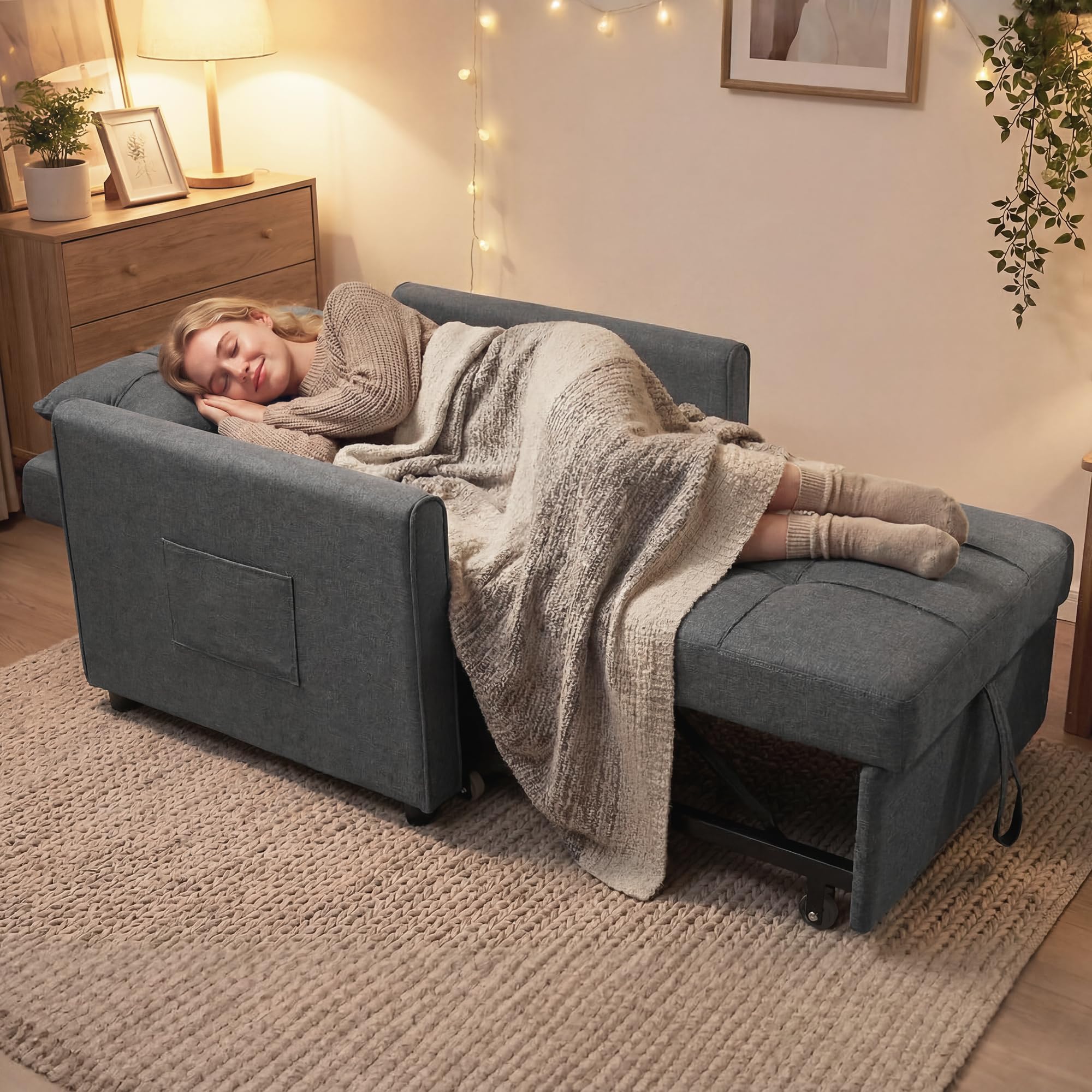 HOMCOM Poltrona Letto Singolo 3 in 1 Pieghevole, Schienale Regolabile 3 Posizioni, Cuscino, Divano Letto Imbottito Salvaspazio in Tessuto Effetto Lino e Legno con Ruote, Tasche, 69x82x85cm, Grigio