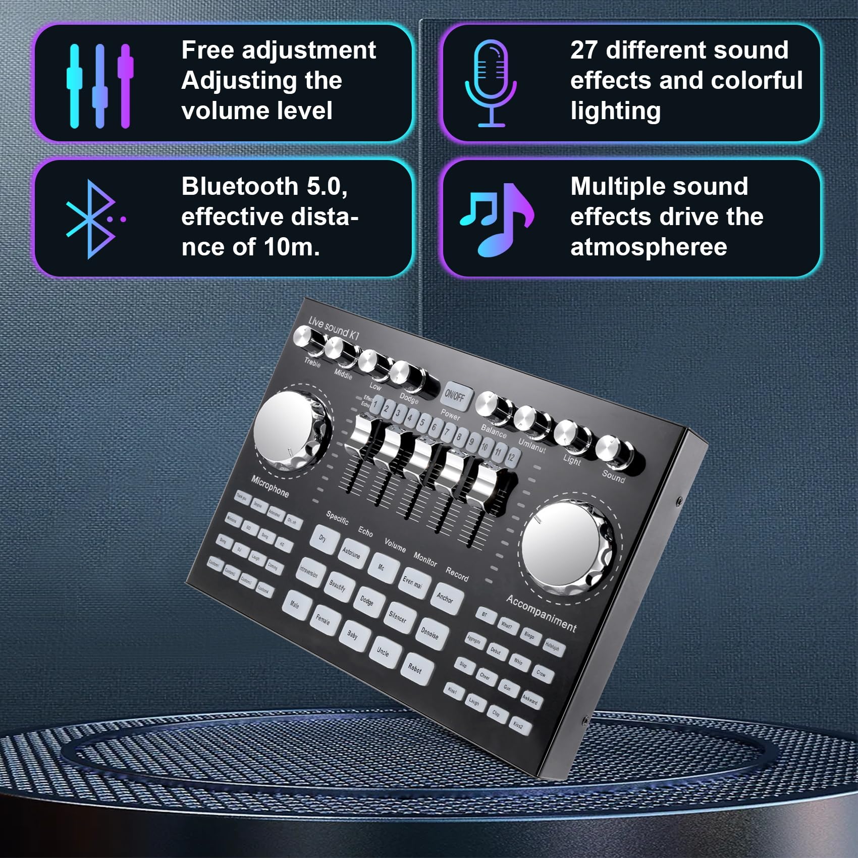 K1 Computer Phone Voice Changer HiFi Live Sound Card Mixer Board Streaming Audio Bluetooth 5.0 Universale