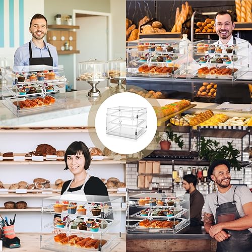 Miniatura 5 de Soaoo Vitrina de pastelería de 3 niveles, vitrina de panadería, vitrina comercial de acrílico para repostería, con bandejas extraíbles, pinzas para