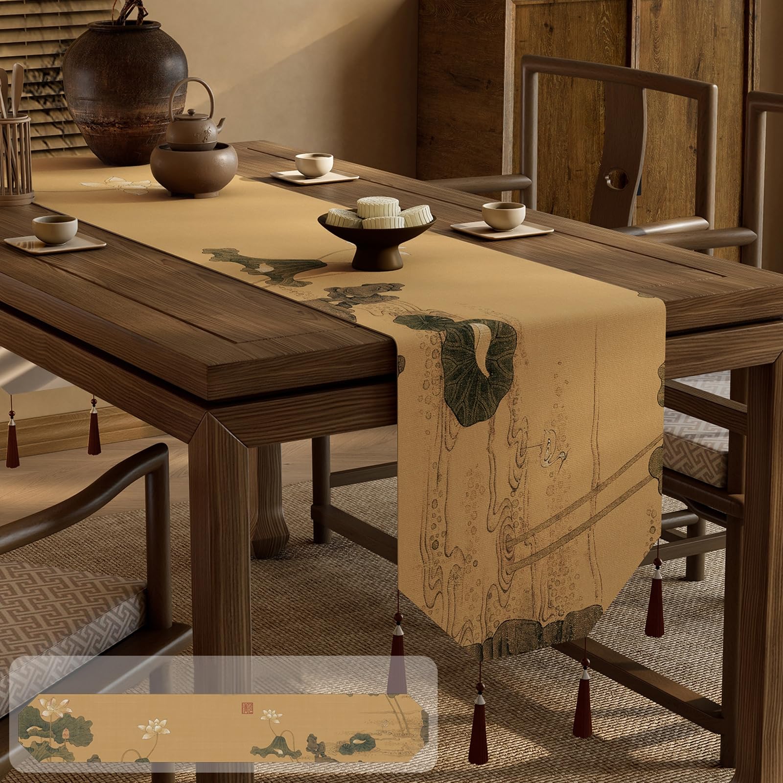 Camino de mesa de 220 cm de largo, lino y poliéster, moderno, patrón vintage de flores y hojas con borlas, mantel para el hogar, cocina, fiesta, beige, amarillo y verde, 35 x 220 cm