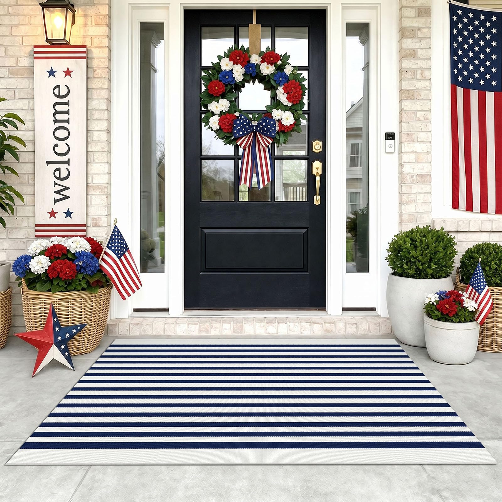 KOZYFLY Striped Rug 3x5 Front Door Rugs Blue White Cotton Woven Washable Indoor Outdoor Rug Entrance Doormat for Front Porch Kitchen Patio Independence Day Decor โ image 1