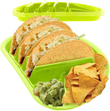 Arrow Home Products Fiesta Taco Plate, 4 Pack - Each Plate Includes 3 Taco Holders Plus 2 Compartments - BPA Free Plastic, Made in the USA, Dishwasher Safe - Lime Green