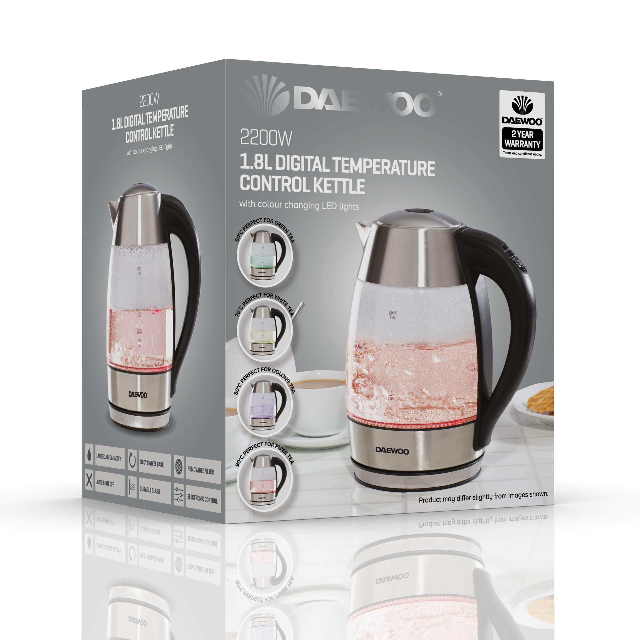 Daewoo Digital Temperature Control Glass LED Kettle 2200W Boil Dry  Protection Borosilicate Glass 360° Rotation Concealed Heating