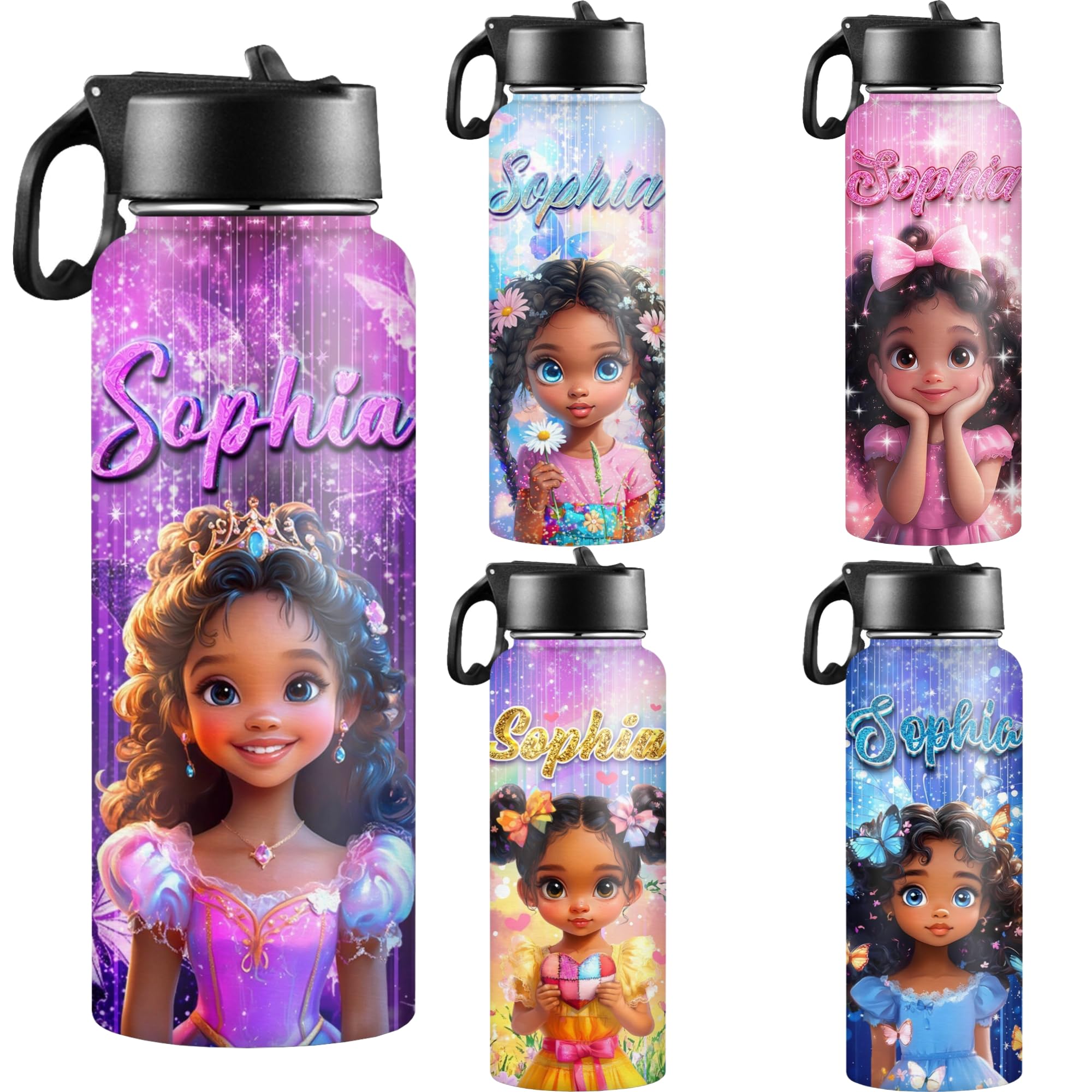 D-Story Custom Water Bottles Back to School Gift for Girls 18Oz Personalized Stainless Steel Insulated Water Bottle with Straw Lid Customized Name Princess Bottles Daughter Birthday Gifts Design 22