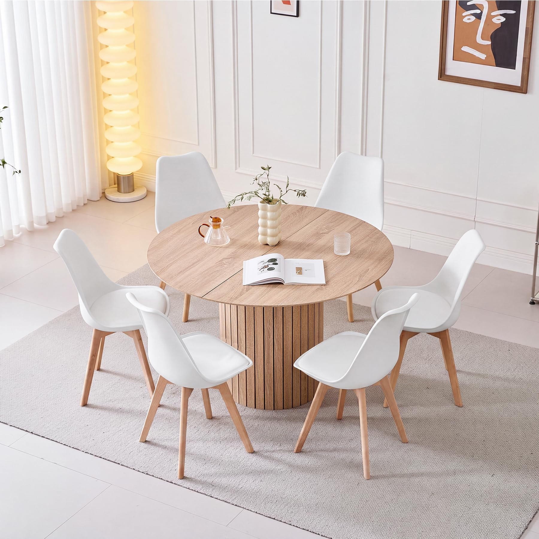 HJhomeheart 120 cm runder Esstisch mit 6 Esszimmerstühlen, runder Küchentisch mit Holzfuß, MDF-Platte, Küchenstühle mit Kunststofflehne, für 4–6 Personen, Hellbraun + Weiß Küche, Haushalt & Wohnen
