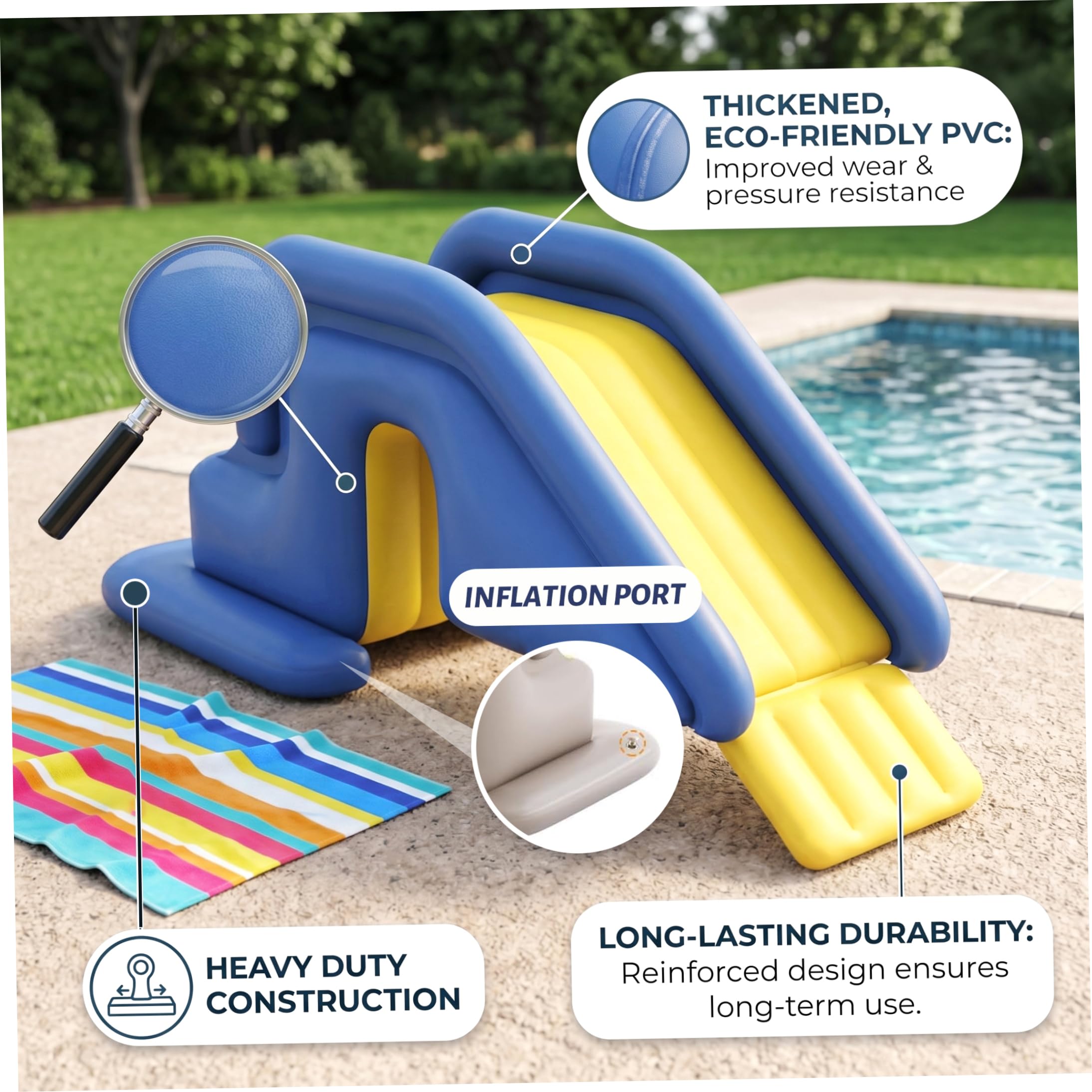 Scivolo Gonfiabile antiribaltamento in PVC Blu Portatile, Design antiribaltamento in PVC per Il Divertimento Piscina nel Cortile