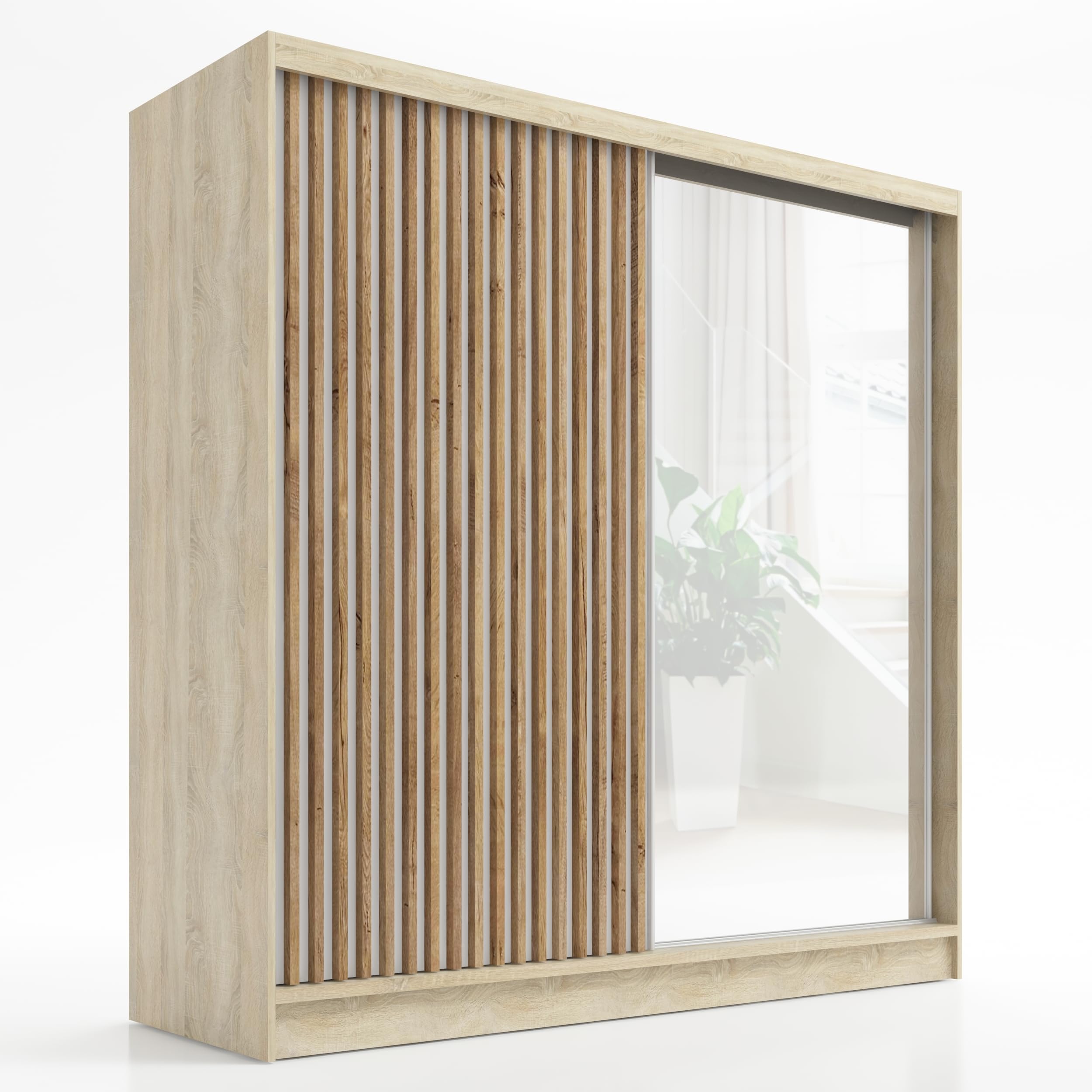A&J MöbelLand Schwebetürenschrank LUNO Kleiderschrank 2-türig mit Spiegel Garderobenschrank 200 cm (Sonoma)
