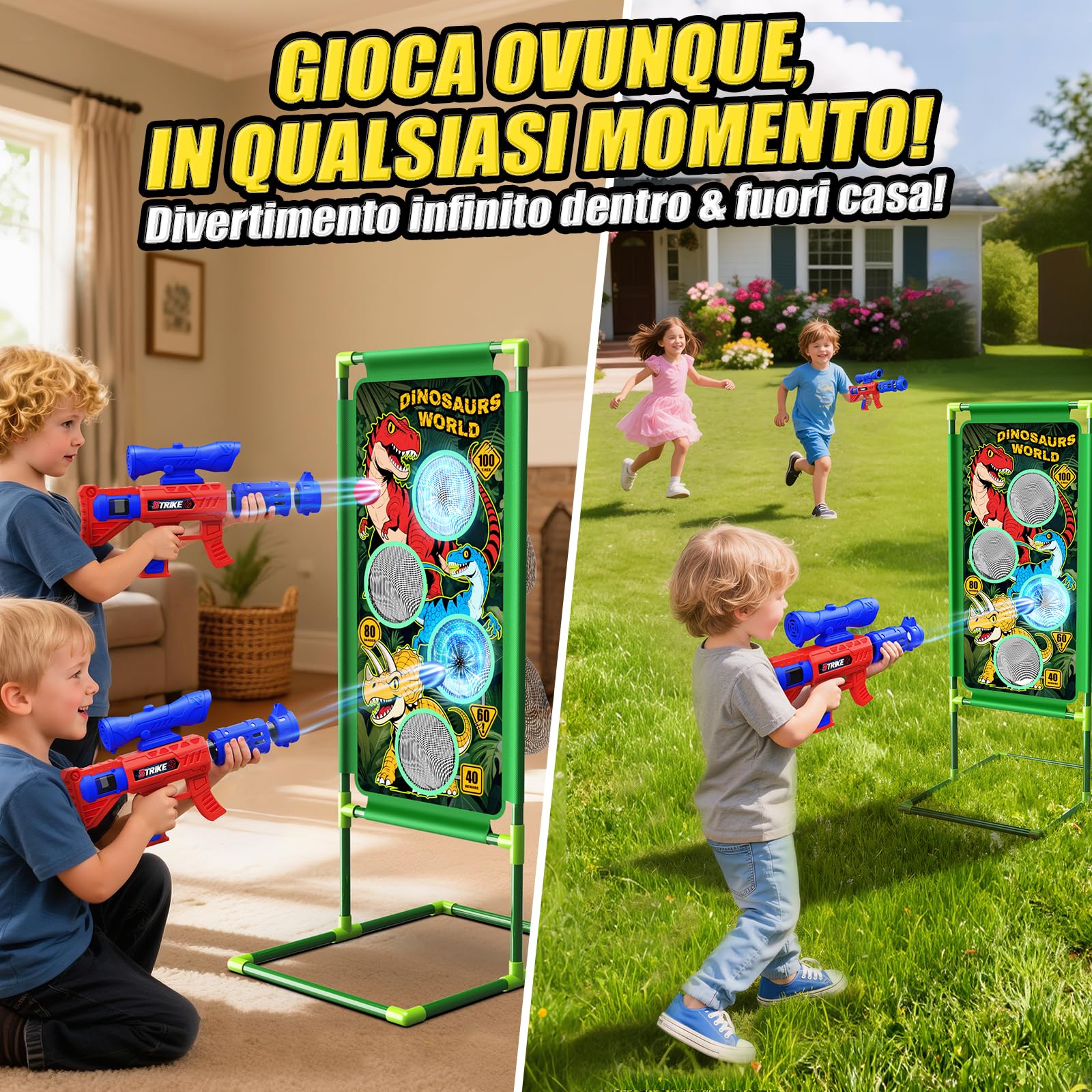 Giochi di Tiro al Bersaglio,Dinosauro Giocattolo per Bambini Gioco Regalo Giocattoli Regali Bambino Bambini Bimbo 3 4 5 6 7 9 10 11 12 Anni 2 Air Blaster con Mira, 4 Bersagli e 24 Palline di Schiuma