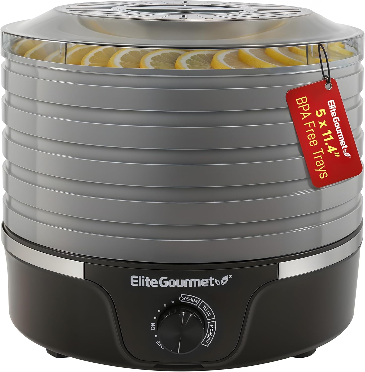 Elite Gourmet EFD319BNG Food Dehydrator, 5 BPA-Free 11.4" Trays Adjustable Temperature Controls, Jerky, Herbs, Fruit, Veggies, Dried Snacks, Black and Grey, 5 Trays Black and Gray