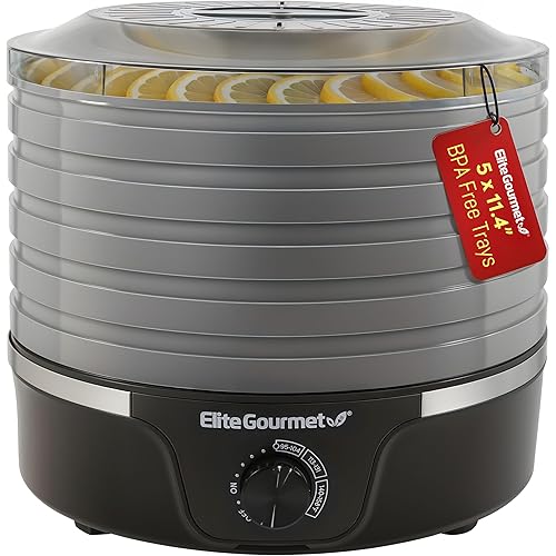 Elite Gourmet EFD319BNG Food Dehydrator, 5 BPA-Free 11.4" Trays Adjustable Temperature Controls, Jerky, Herbs, Fruit, Veggies, Dried Snacks, Black and Grey, 5 Trays
