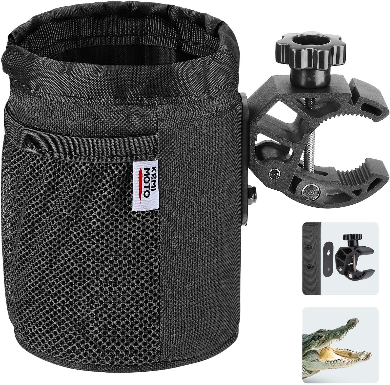 KEMIMOTO Motorcycle Cup Holder, Oxford Fabric Motorcycle Drink Holder with 0.6"-1.5" Alligator Clamp, Universal Water Bottle Cup Accessories for Bike, ATV/UTV, Scooter, Boat, Walker