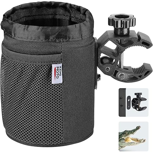 KEMIMOTO Motorcycle Cup Holder, Oxford Fabric Motorcycle Drink Holder with 0.6"-1.5" Alligator Clamp, Universal Water Bottle Cup Accessories for Bike, ATV/UTV, Scooter, Boat, Walker