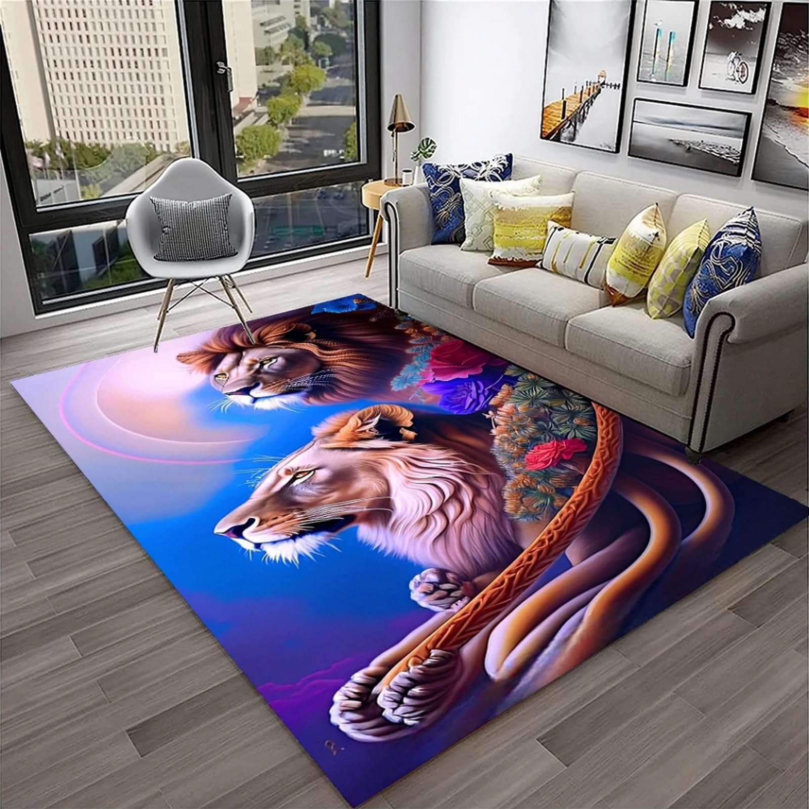 Tapis lion 3D antidérapant 90x150 cm pour salon et chambre d'enfant