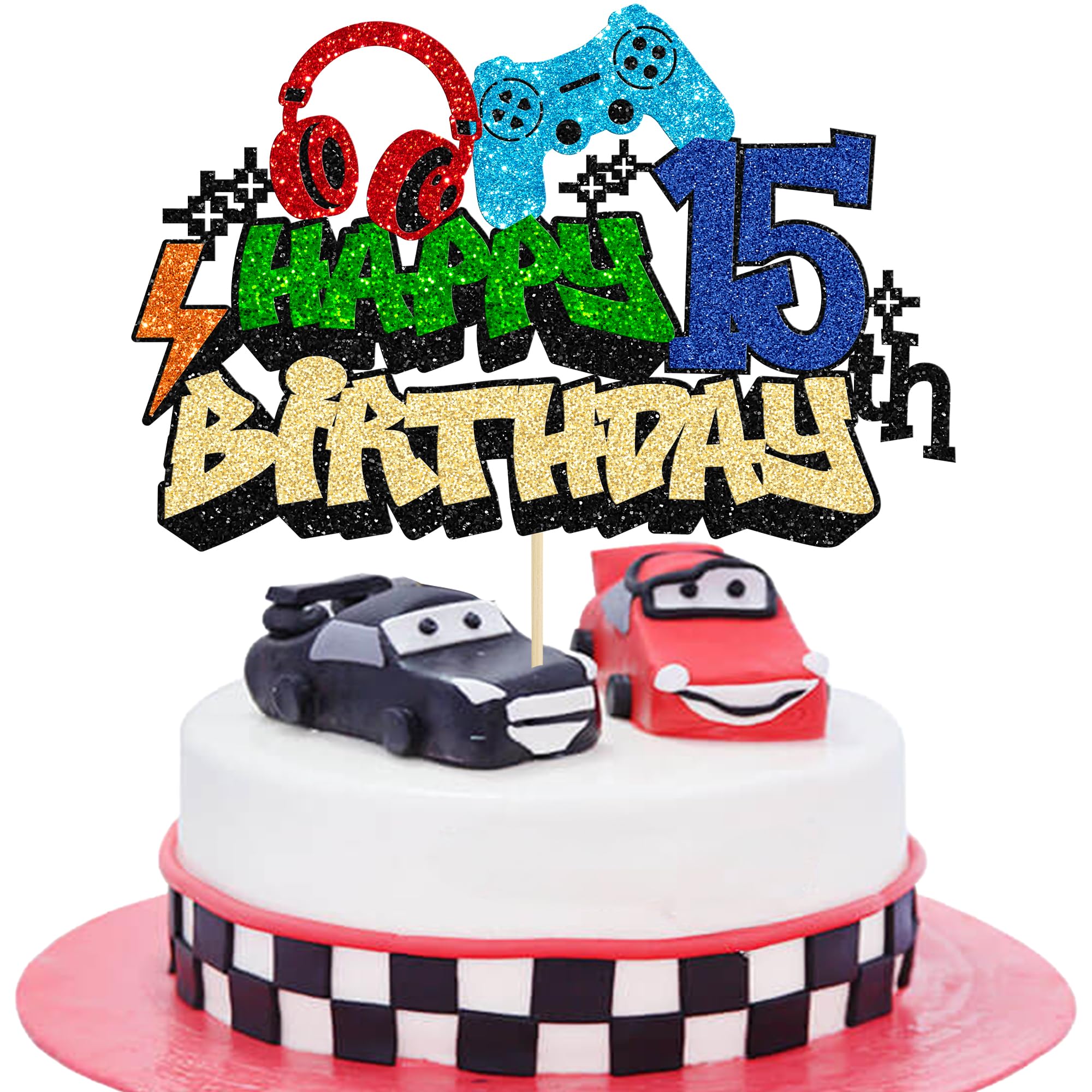 Gyufise 1Pcs Happy 15th Birthday Cake Topper Glitter Video Game Cake Pick Game On Controllers Fifteen Cheers to 15 Years Cake Decoration for Game Theme Happy 15th Birthday Party Supplies