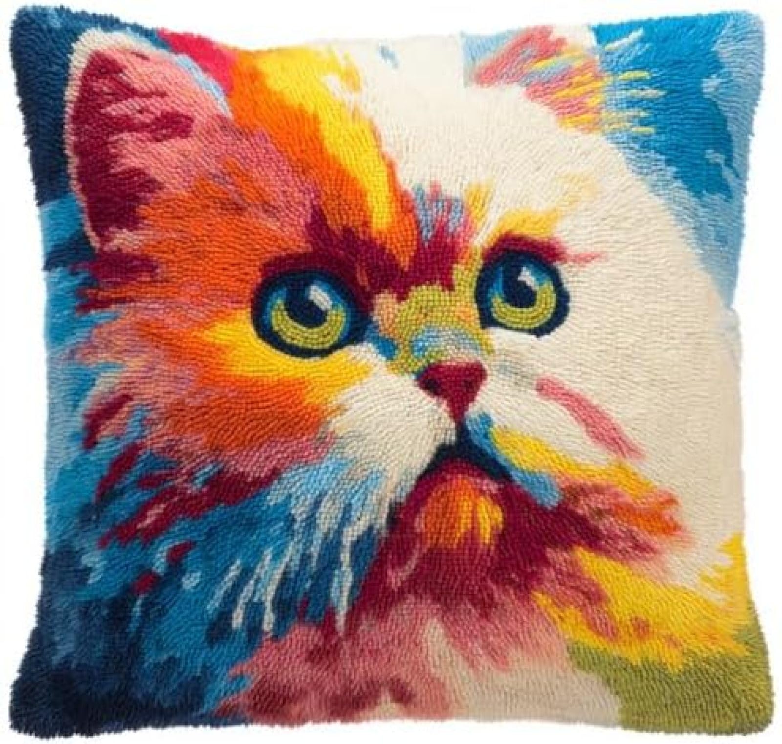 kitphoenix DIY Latch Hook Cushion Kit Persian Cat Cute Portrait,Beginner-Friendly Rug Hooking Pillow Kit,Crochet Craft Cushion Cover for Home Decor,43x43 cm-4