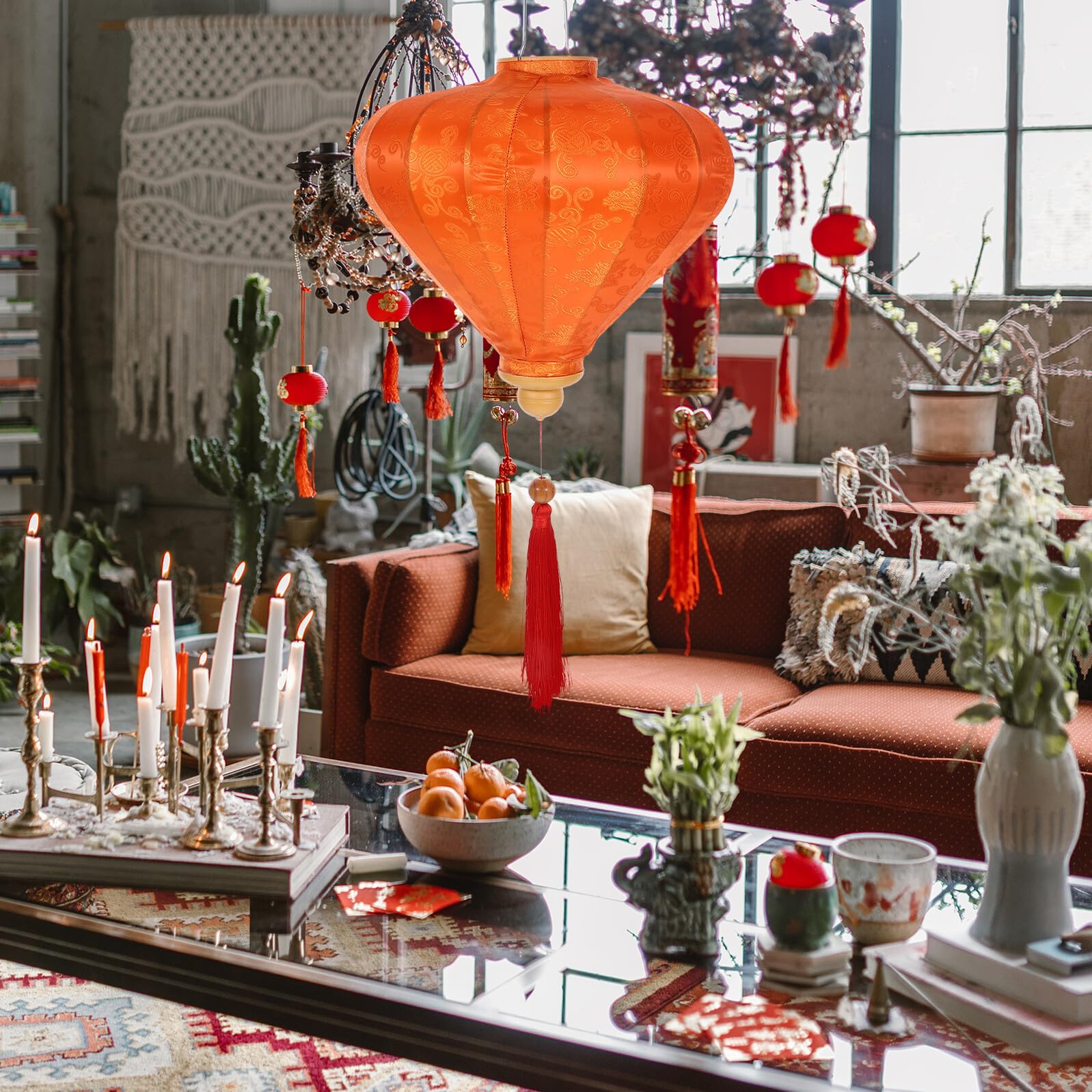 Vietnamesische Laterne und Orangefarbener Oberfläche aus Flockigem Stoff Geeignet mit Klassischer Form zur Romantischen Dekoration für Garten oder Deckenhängung