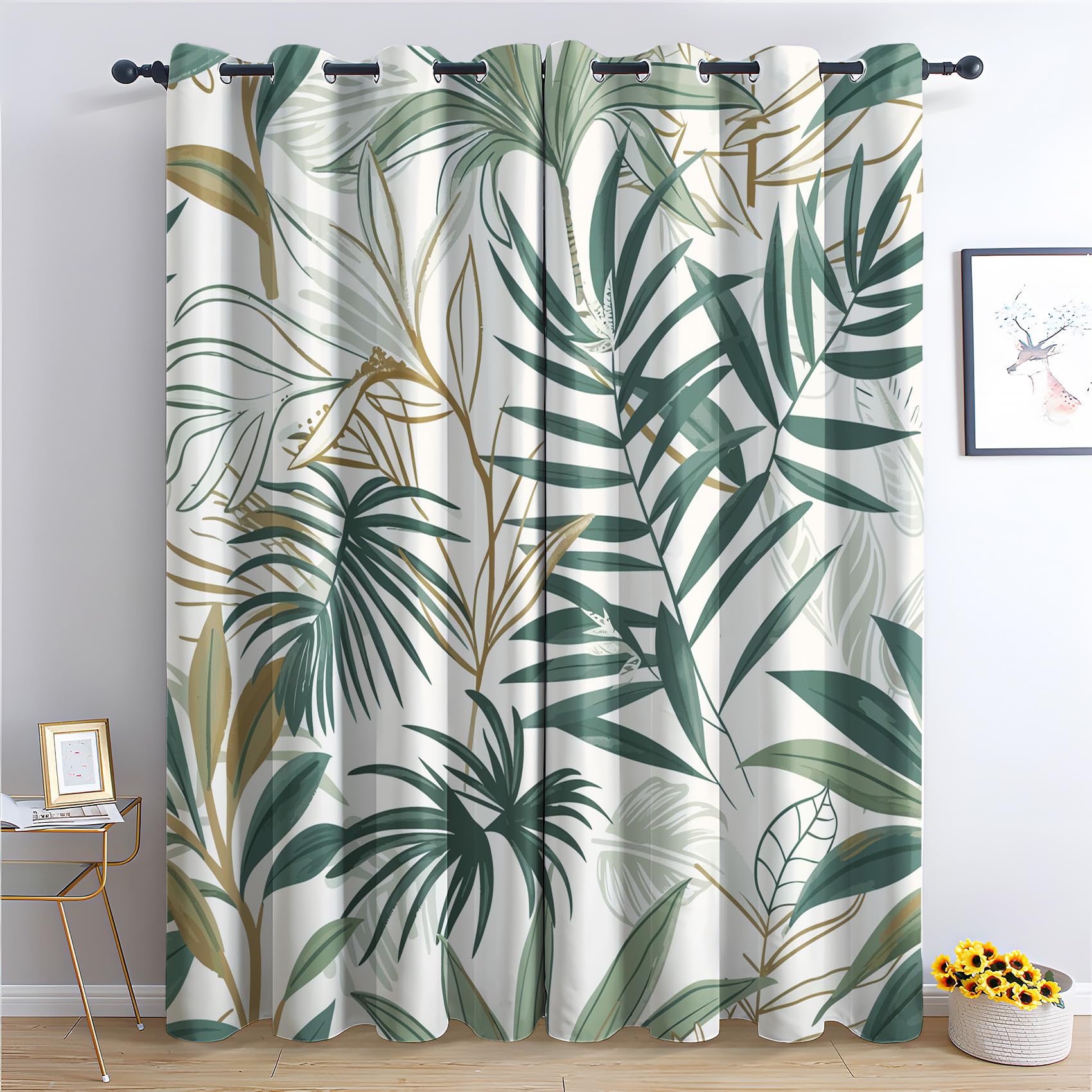 Rideau Occultant Feuilles Vertes, Rideaux Thermiques à Oeillets pour Chambre, Motif Tropical Rideaux Salon, Moderne Lot de 2 Décoration de Fenêtre, Rideaux 140x240cm LxH (Gv-&286)