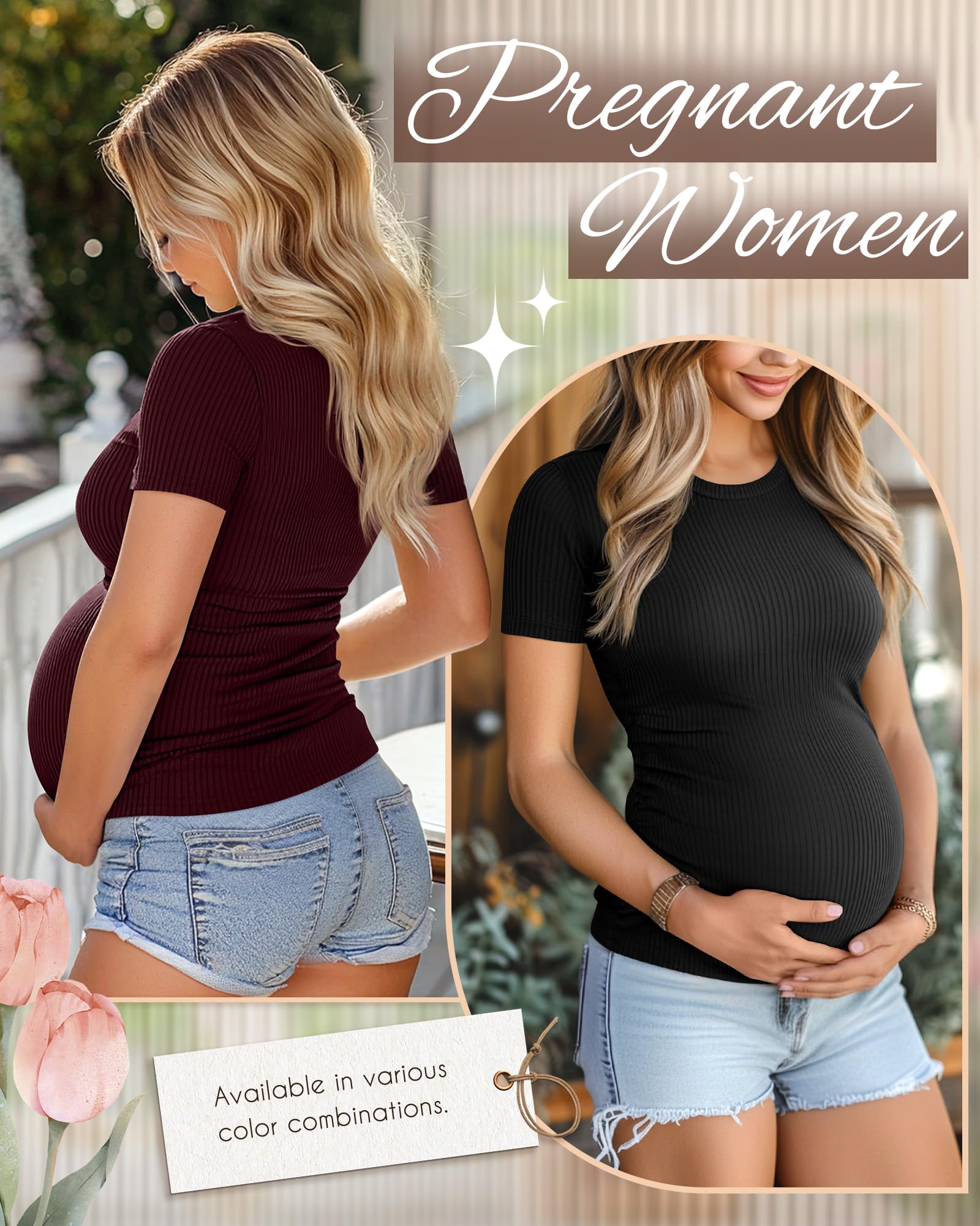 Ficerd 3er Pack Damen Umstandstops Baumwolle Kurzarm Schwangerschaftsshirts Rippstrick Freizeit Mama T-Shirts