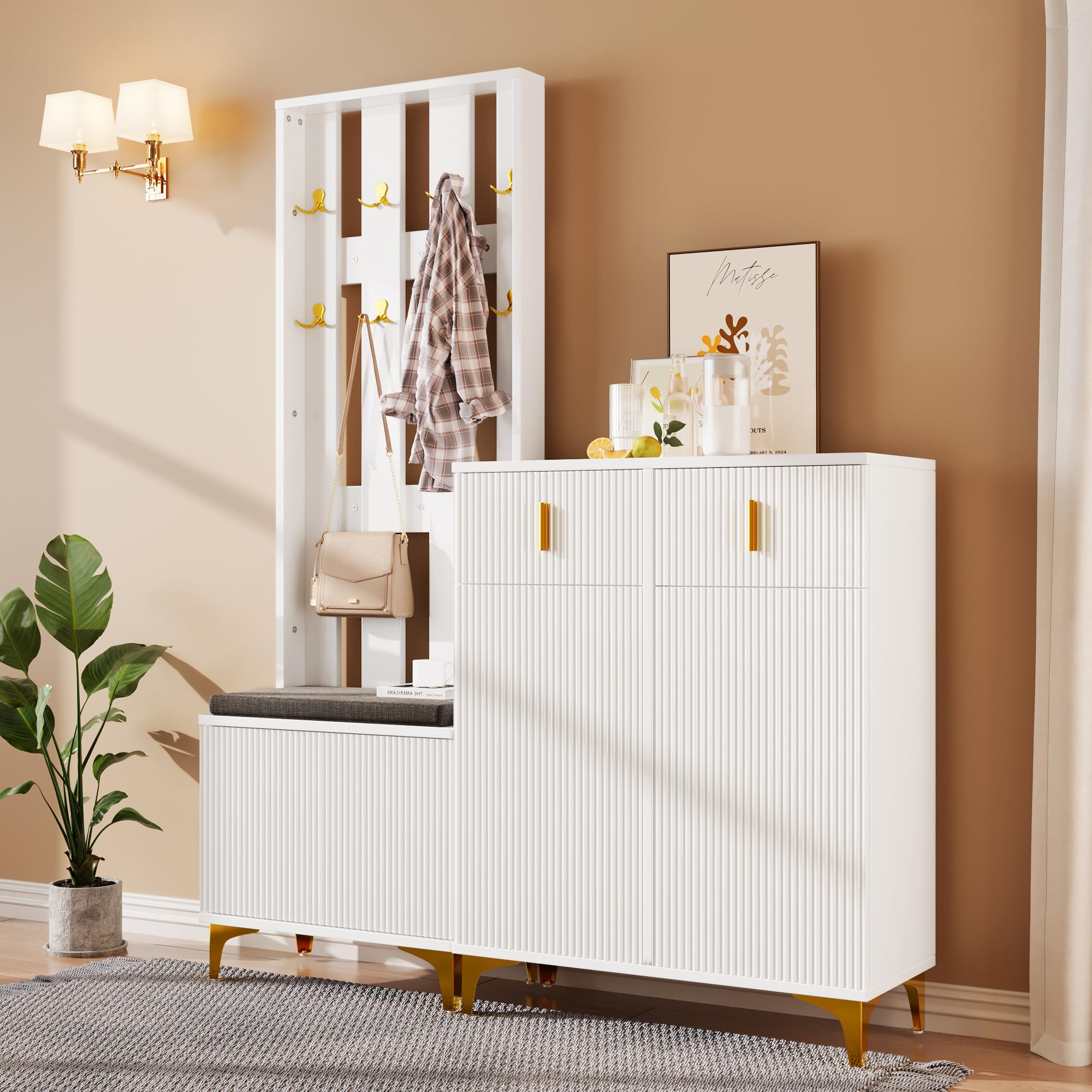Garderobenset Wandgarderobe mit Schuhbank und Kissen, Schuhschrank Flurgarderobe, Kompaktgarderobe 143,2x180,5x35,2cm Weiß
