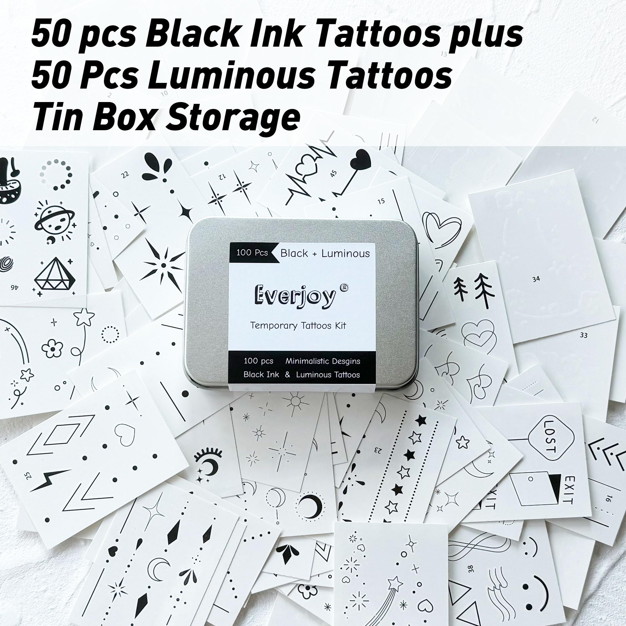 Minimalistic Black Luminous Temporary Tattoos Kit for Women Tiny Finger Tattoos Boho Style Small Fake Tattoo Stickers for Kids 50 Pcs Black Fine Line Desgins - Image 2