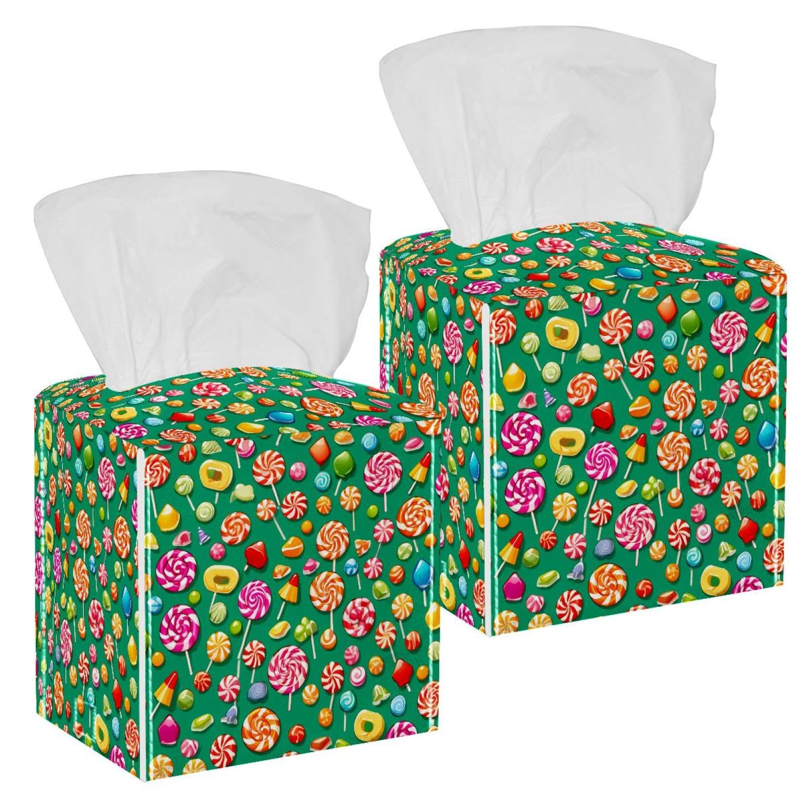 Green Candy Tissue Box Cover, 2 Pack PU Leather Square Facial Tissue Dispenser Box holder for Home Office Car