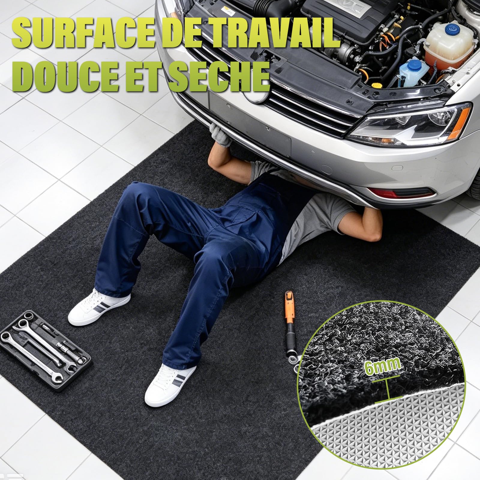 Tapis Anti-Huile Garage 180×180 cm, 6 mm Base Caoutchouc Antidérapante