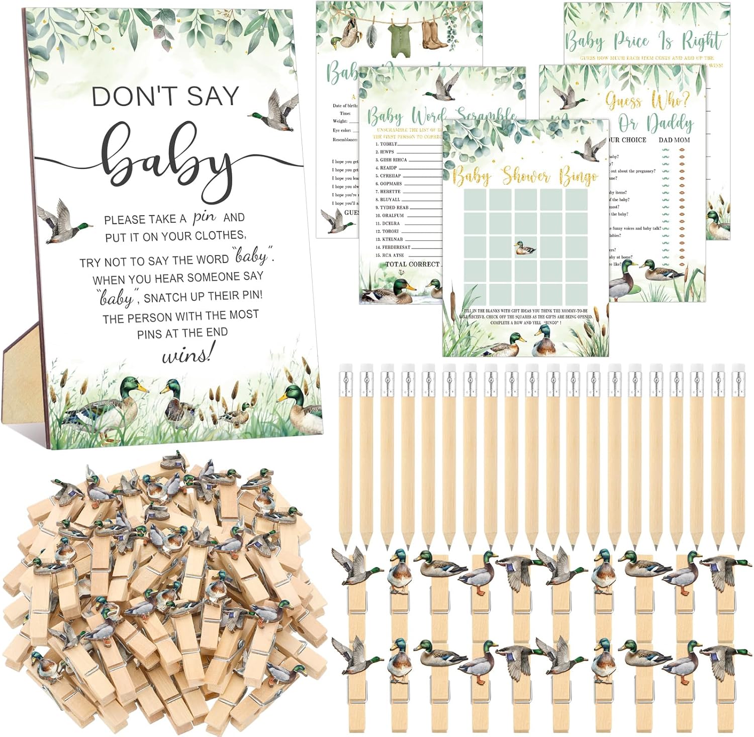 Patelai 321 Pcs Baby Shower Games Supplies, 5 Sets (50 Cards Each) Activities Cards with 20 Pencils 1 Don't Say Baby Sign 50 Clothespin(Mallard Duck)