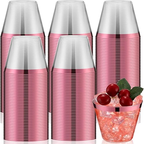 Lounsweer 100 vasos de plástico con borde de 9 onzas, copas de cóctel transparentes resistentes desechables para cumpleaños, despedidas de soltera,