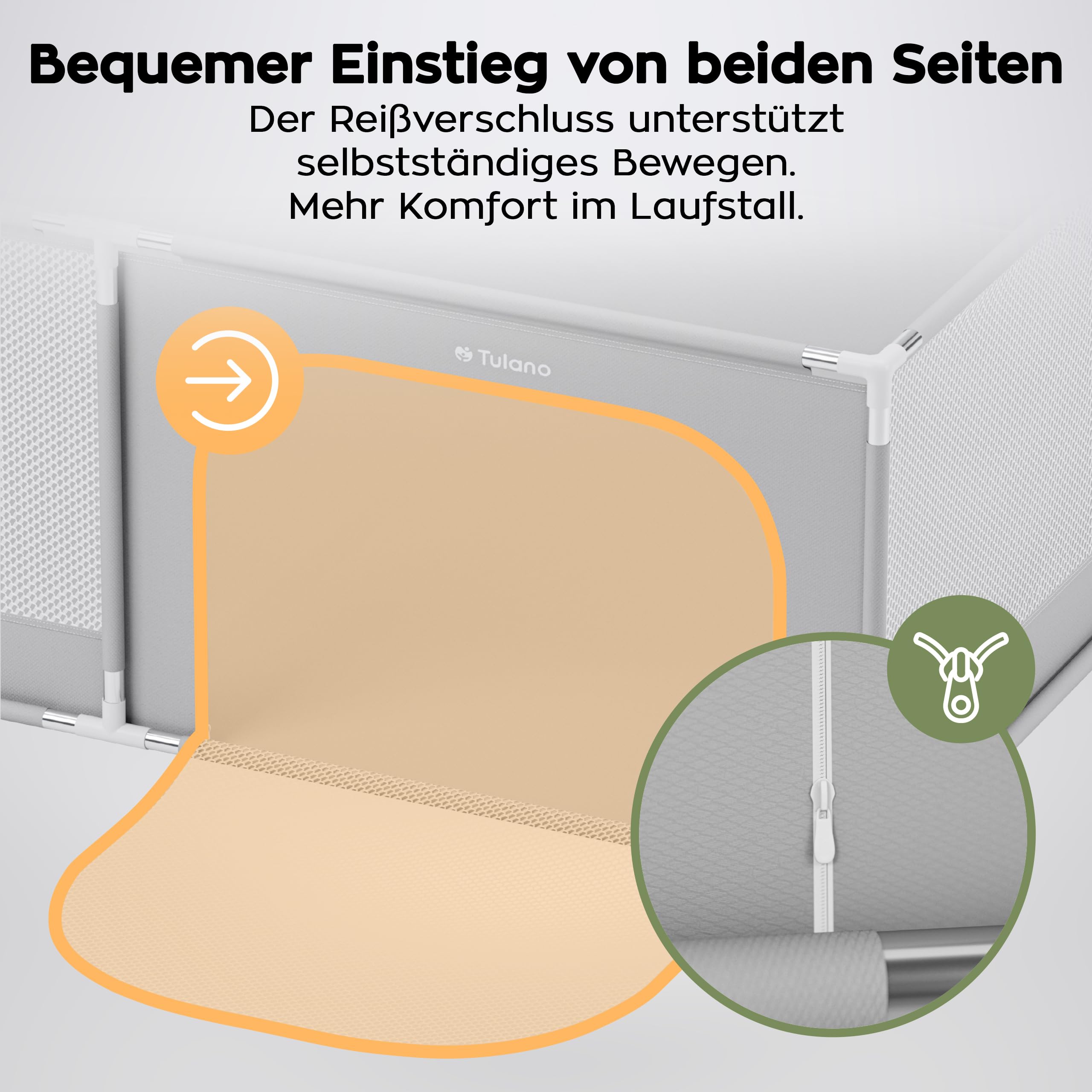 Tulano Cozy 28 Laufstall Baby 180x200 cm – Großes Laufgitter Baby mit atmungsaktivem Netz – Sicherer Playpen für Innen und Außen – Stabiler Metallrahmen – Kindgerechte Materialien – Hellgrau