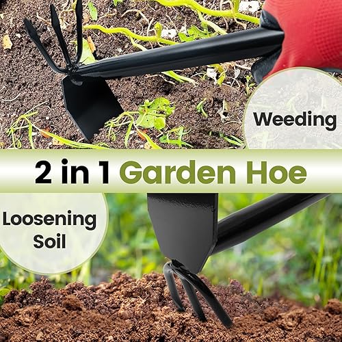 Miniatura 2 de Juego de 2 herramientas de jardín, paleta de mano resistente en forma de V y azada de jardín 2 en 1 con mango cómodo, kit de jardinería duradero