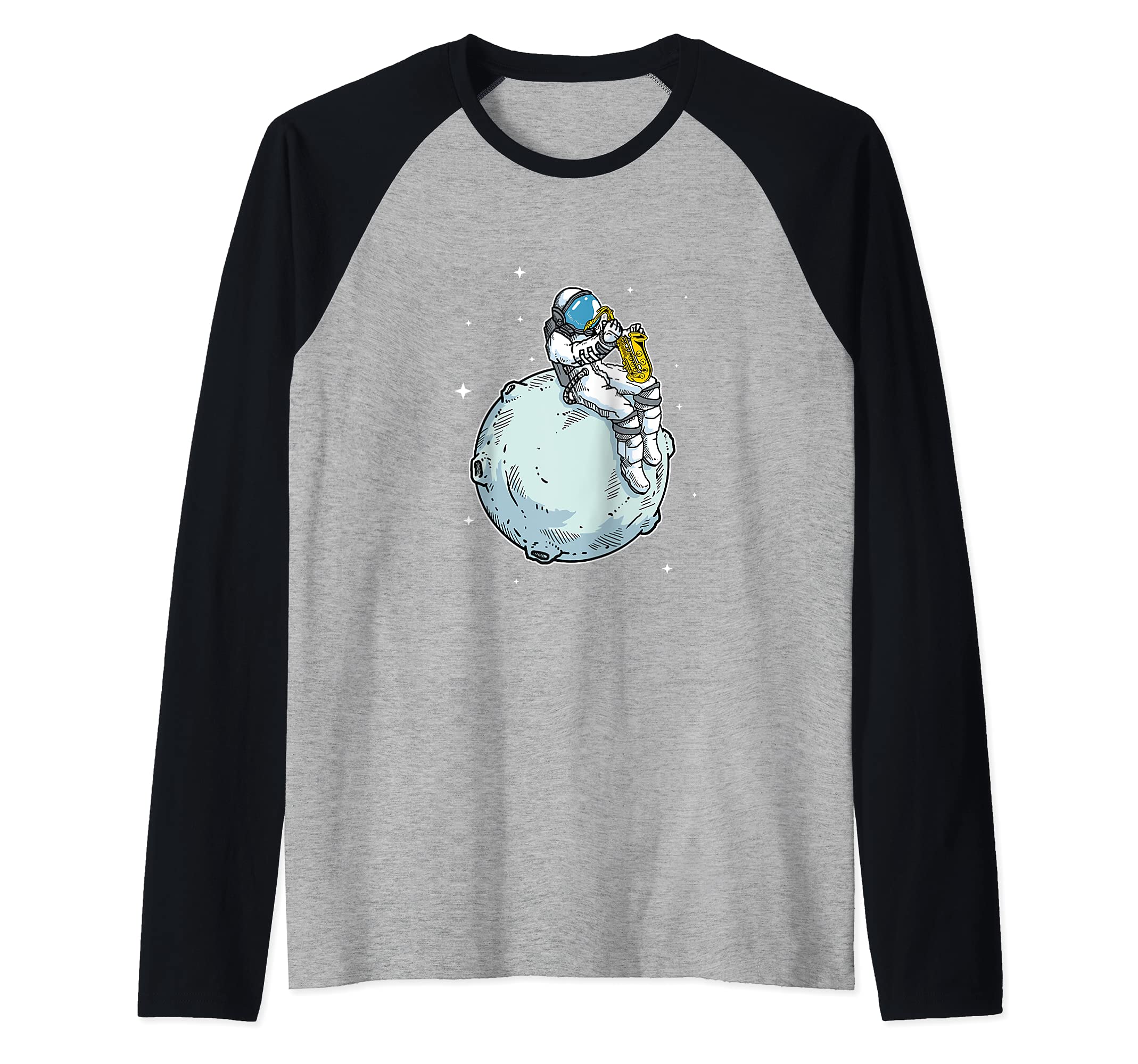 Astronaut Playing Saxophone Gift Jazz Music Sax Lover Raglan Baseball Tee, Black