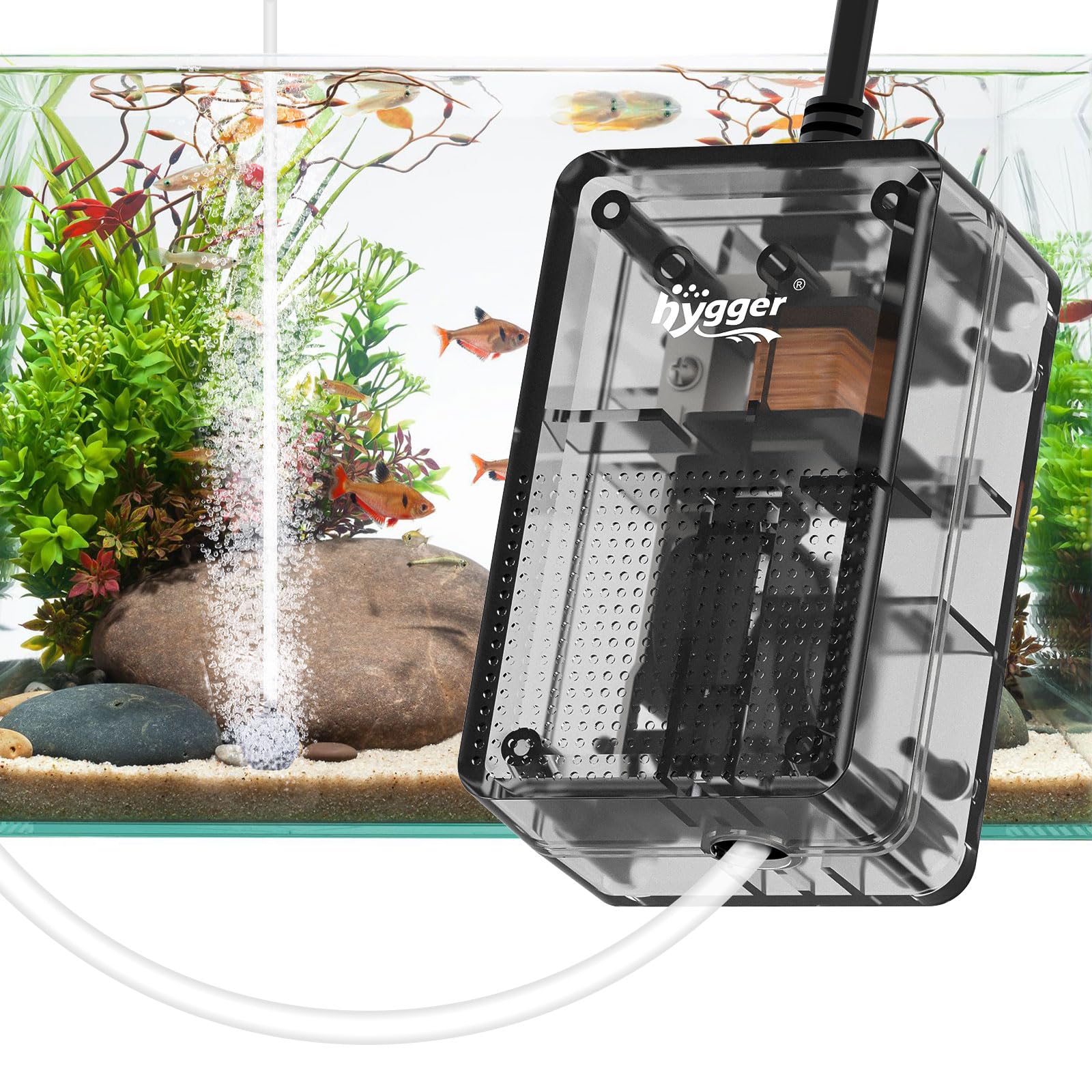 hygger Aquarium Air Pump 1.5W Ultra-Quiet Fish Tank Small Oxygenating Pump with Transparent Structure