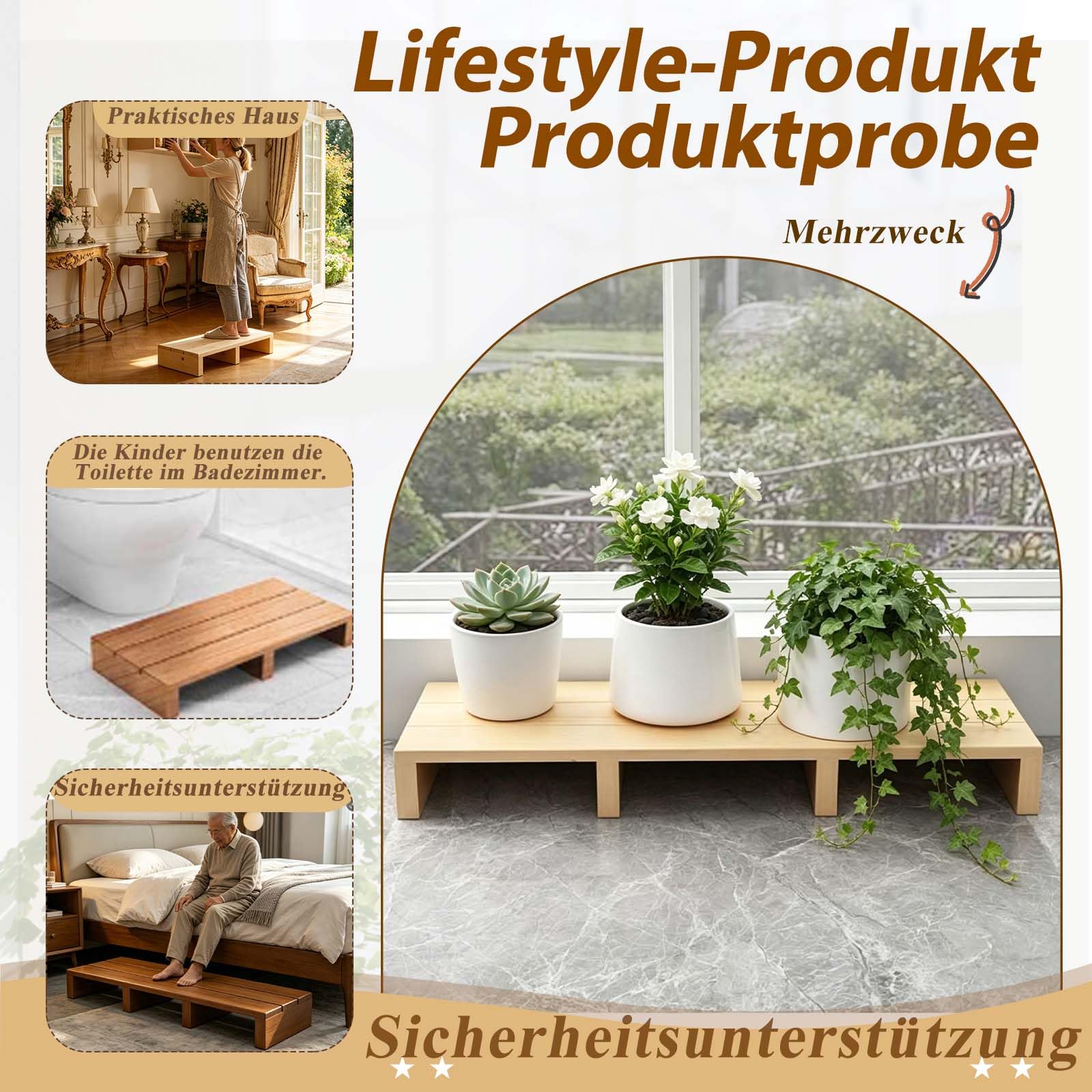 Betttritthocker, Holz-Tritthocker, für den Eingangsbereich,unterstützt das Auf- und Absteigen des Eingangs, mit rutschfesten Pads, rutschfeste Trittstufe, für den Innen- und Außenbereich.
