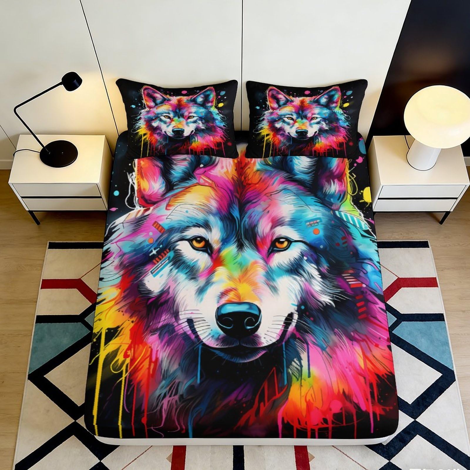 Jqzkxnhpbr Style-4 3D Printed Colorful Wolf Fitted Sheet Microfiber Soft Non-Slip Bed Sheet For Bedroom Dorm Artistic Mattress Cover 90X200x25cm