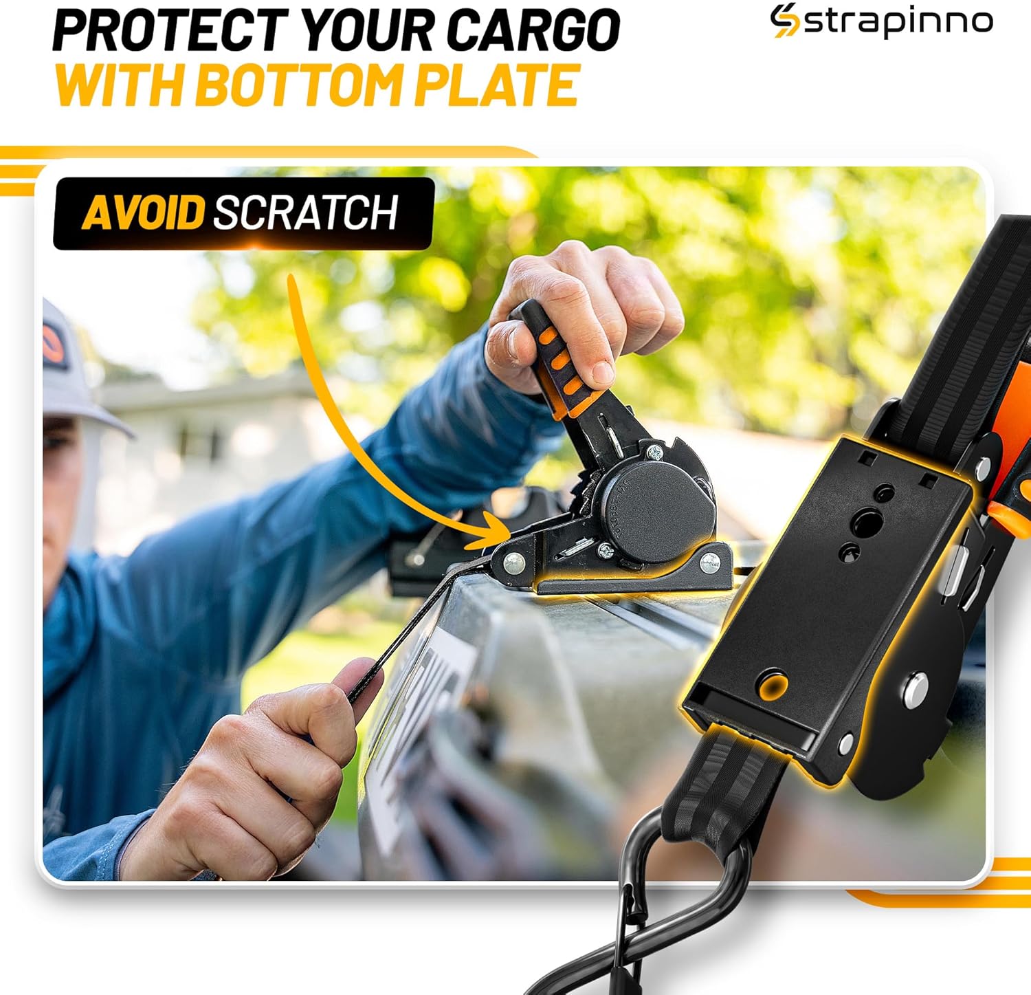 Strapinno Retractable Ratchet Straps 1 in x 10 ft, Secure Tie-Downs with Rubber-Coated Steel Handles, for Motorcycle, Jetski, Kayak, Breaking Strength 1,500LBS/680KG (Black Strap, Black Coated) - Image 7