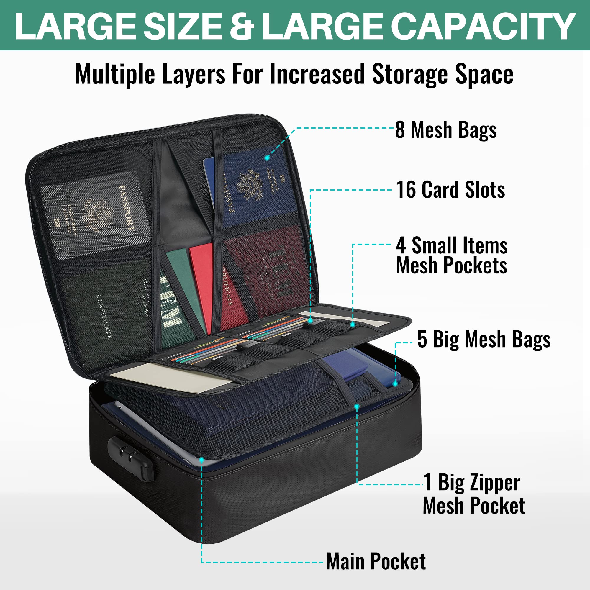 Fireproof Document Bag with Lock, Water Resistant File Document Organizer - Image 3