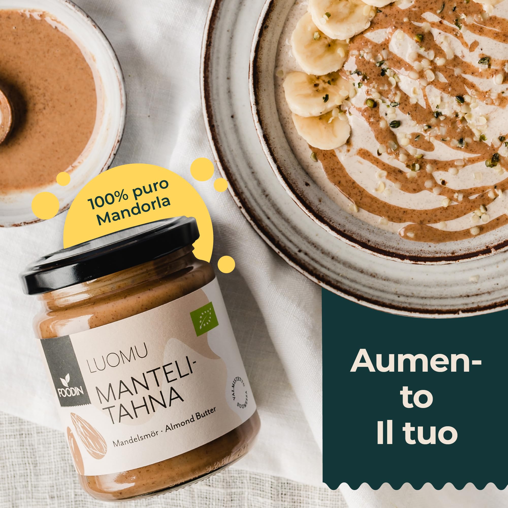 FOODIN Burro di Mandorle Marroni Bio in Vasetto di Vetro – 100% Mandorle Bio, Crema Spalmabile Naturale, Fonte di Proteine e Acidi Grassi, Senza Glutine, Vegano - (2 x 250 g)