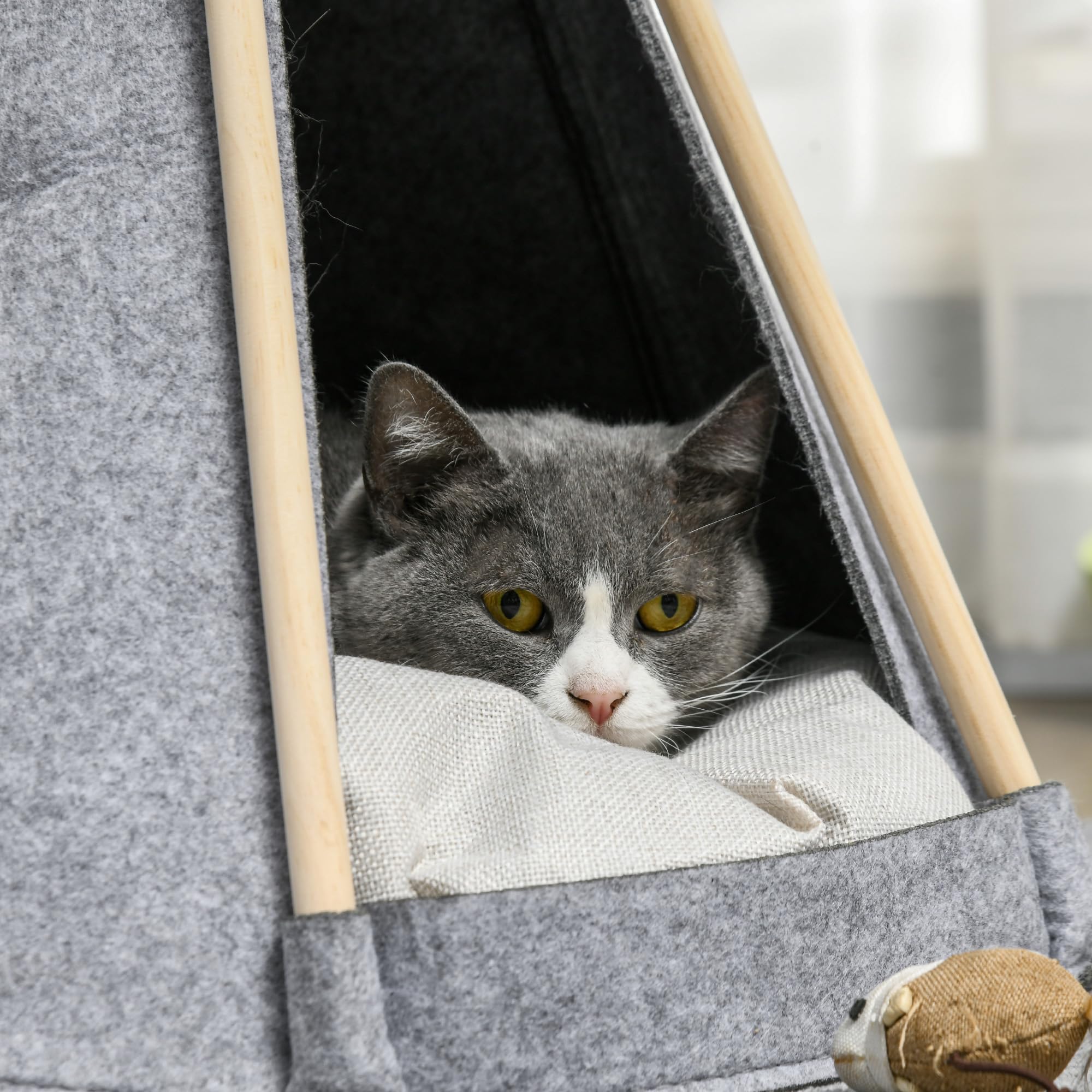 PawHut Namiot tipi dla zwierząt - Teepee Cat or Dog - Gruba poduszka Grand Comfort 2 pompki w zestawie - domek dla kota, struktura drewna sosnowego, filc pluszowy, szary