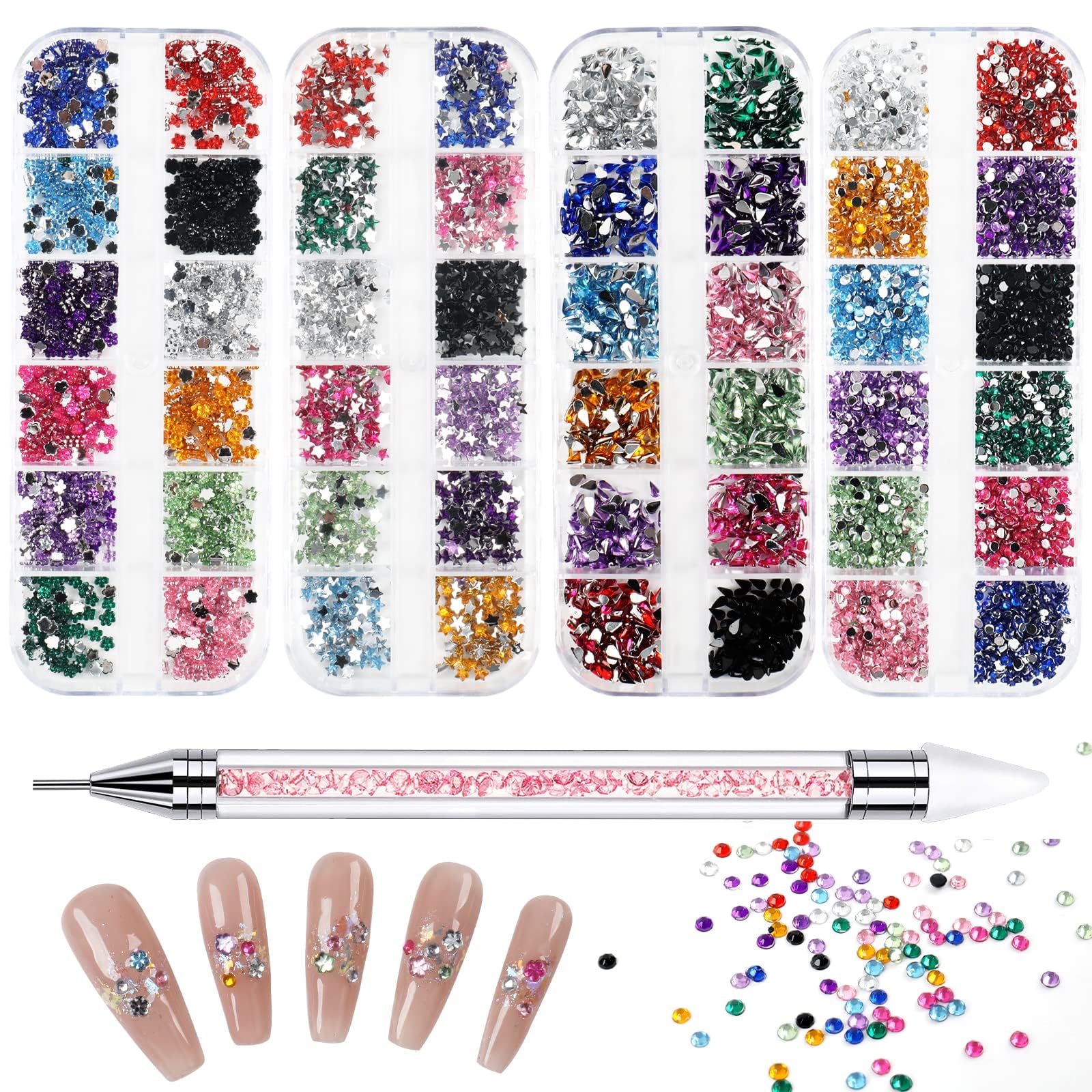 4 Boxes of Flatback Rhinestones with Rhinestone Picker, 6400+Pcs Multicolor Nail Stones Gems Kit for Nails, Face, Eye Rainbow Makeup Jewels Diamonds, Pearls Decorations Art Acrylic Crystals