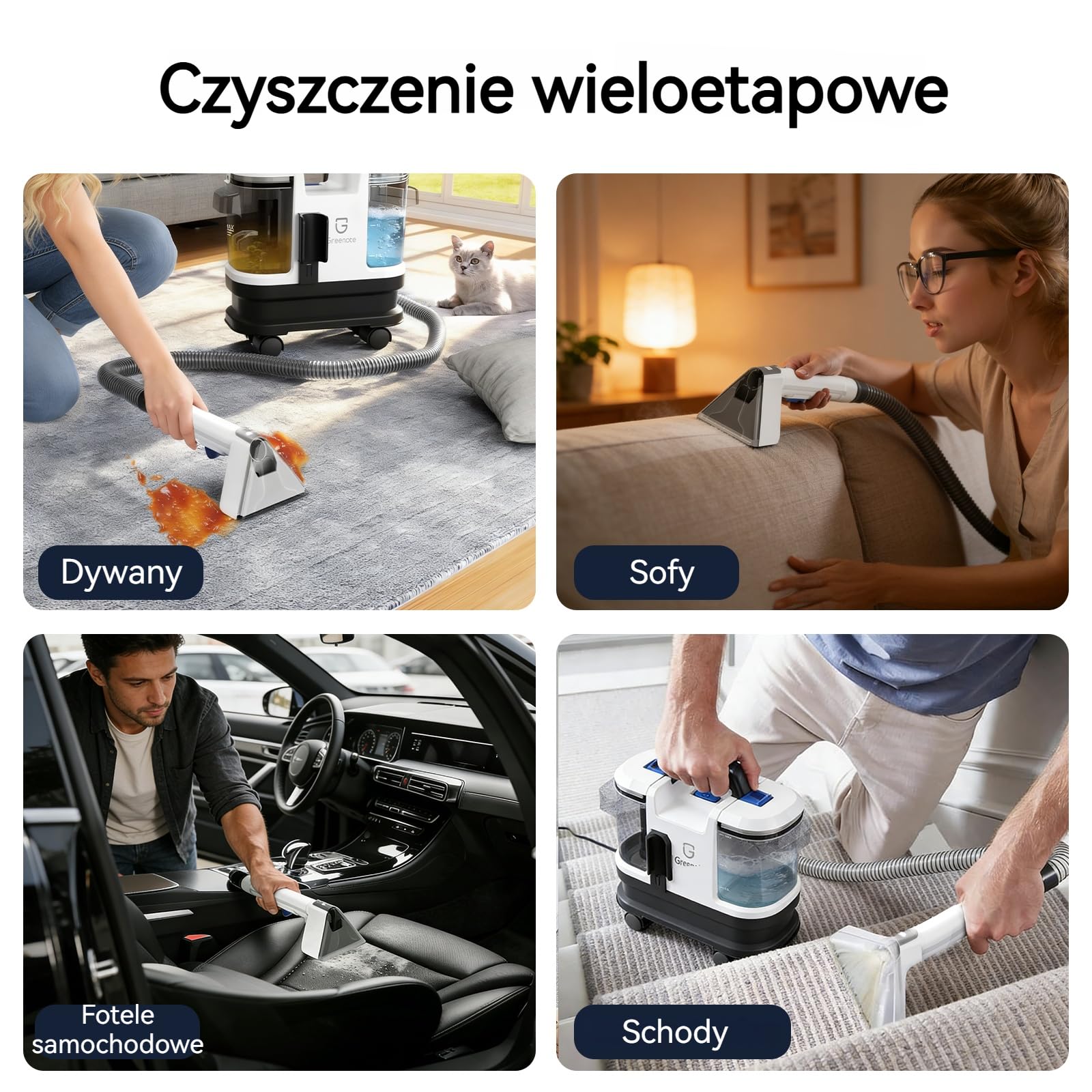 Greenote Odkurzacz Piorący 600W, 4 obrotowe kółka dla łatwości manewrowania, Kompaktowe przechowywanie, Samoczyszczący wąż, Mocne ssanie, Zbiorniki 1,8L/0,8L, Wąż 1,5m i przewód 5m