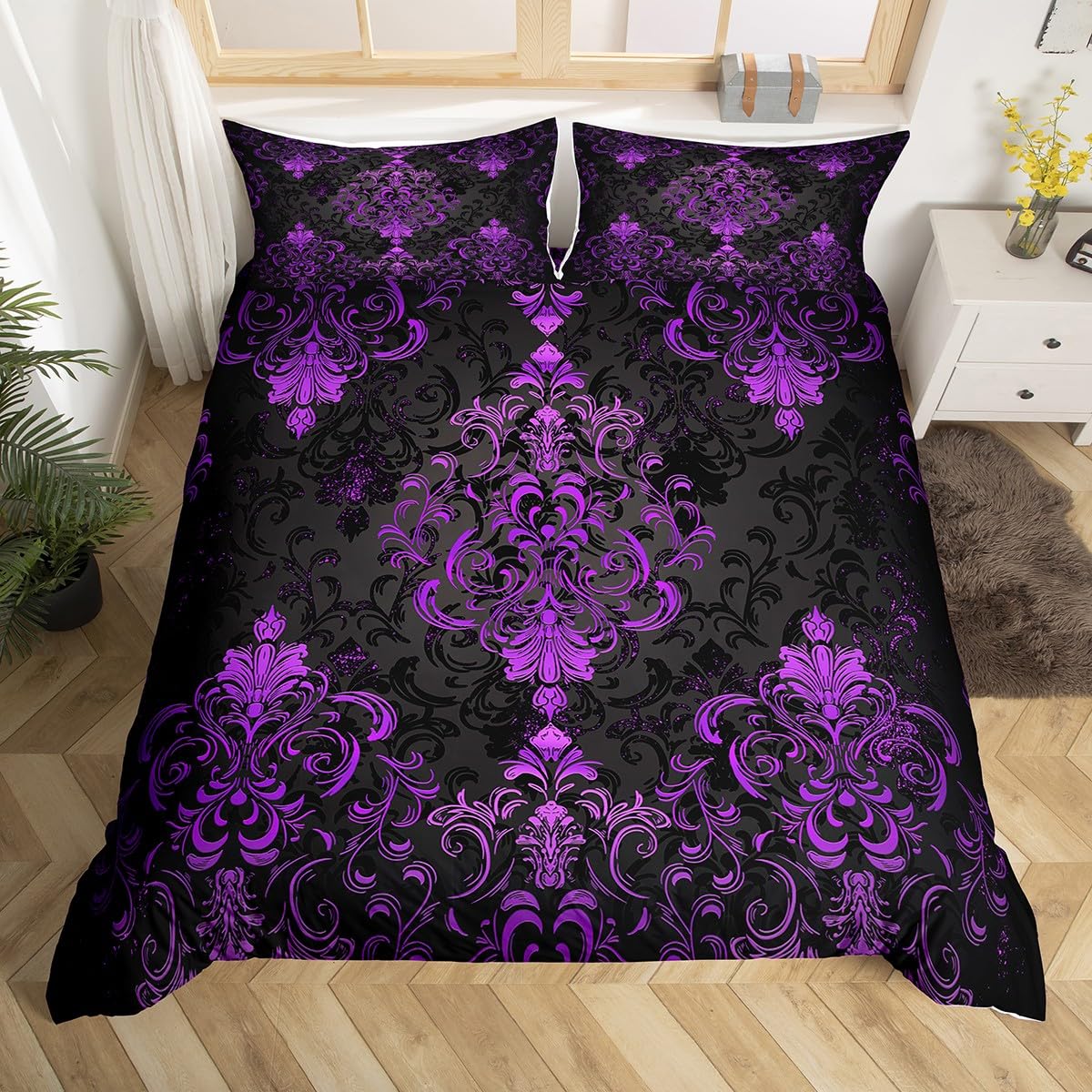 richhome Kids Damask Floral Bedding Set Junior/Cot Bed Ombre Purple Black Duvet Cover for Boys Girls Bedroom Decor Vintage Jacquard Comforter Cover Soft Microfiber Exotic Floral With 1 Pillow Case