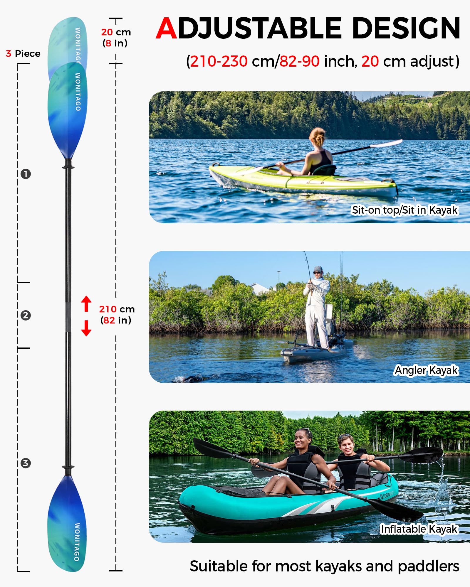 Palas de kayak de fibra de carbono con cuchillas de nailon, remos flotantes ajustables para kayak, 3 piezas, 210-230 cm, azul degradado