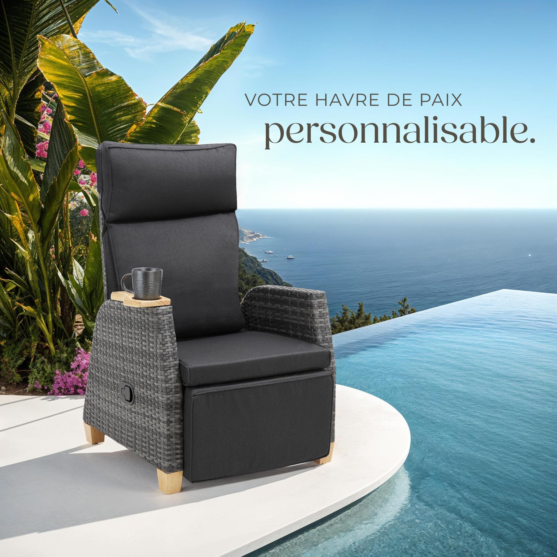 tectake® Fauteuil Salon de Relaxation Chaise de Jardin avec Repose-Pieds, Dossier inclinable, en Aluminium INOX Résine tressée, Salon de Jardin Exterieur/Intérieur, avec Coussins